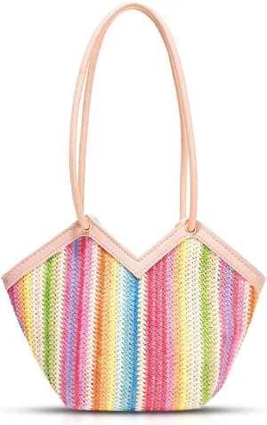 Tote Bag for Women, Summer Straw Bag, Colorful Stripes Beach Bag, Handwoven Rattan Handbag, Suitable for Travel Vacation Work(Color)