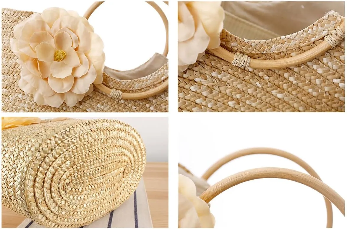 Tote Bag Straw Woven Women's Top-Handle Handbag Flower Beach Hand Bag, Purse for Women Travel Ladies Handbags Bolsos