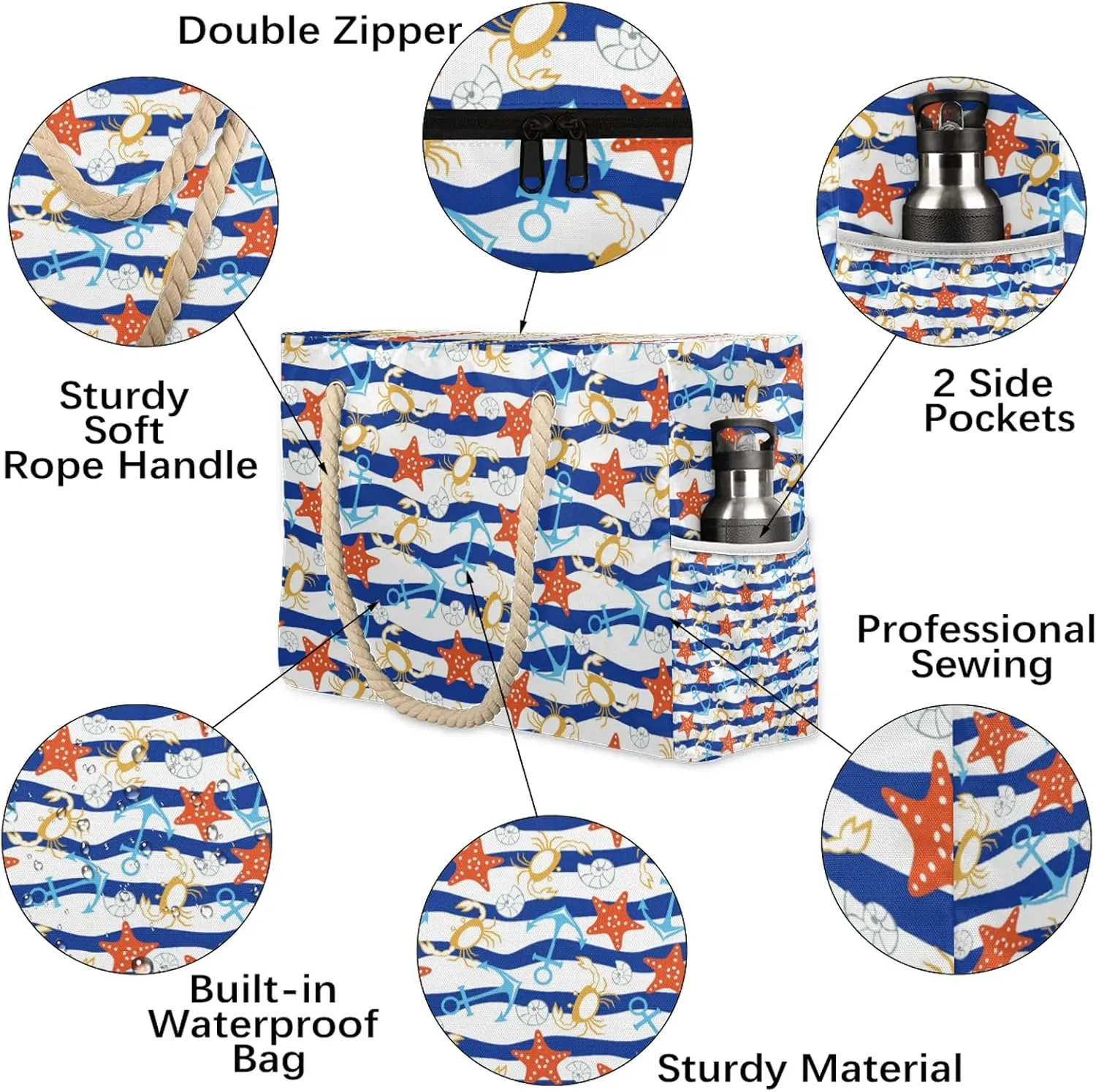 Tote Beach Bag for Women with Zipper Large Waterproof Sandproof Swim Pool Bag