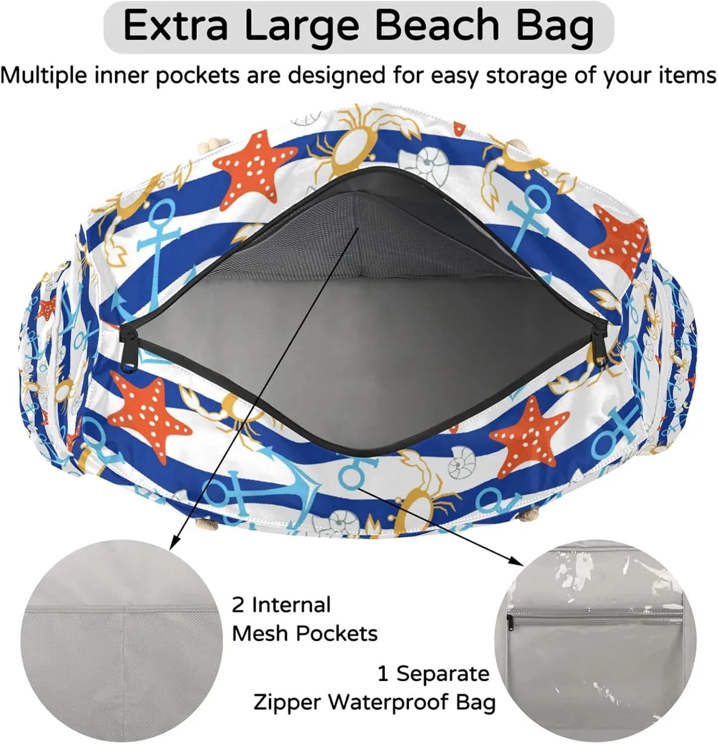 Tote Beach Bag for Women with Zipper Large Waterproof Sandproof Swim Pool Bag