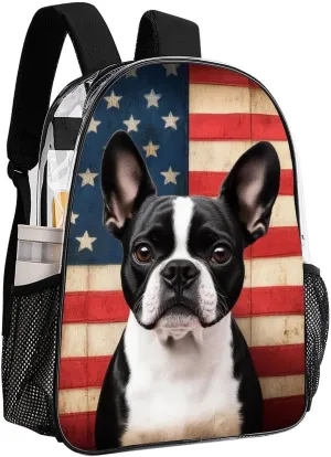 Transparent Daypack Backpack for Trekking Picnic Walking Cycling - Large Capacity Anti-Theft Multipurpose Shoulder Bag, American Us Flag Boston Terrier Casual Daypack