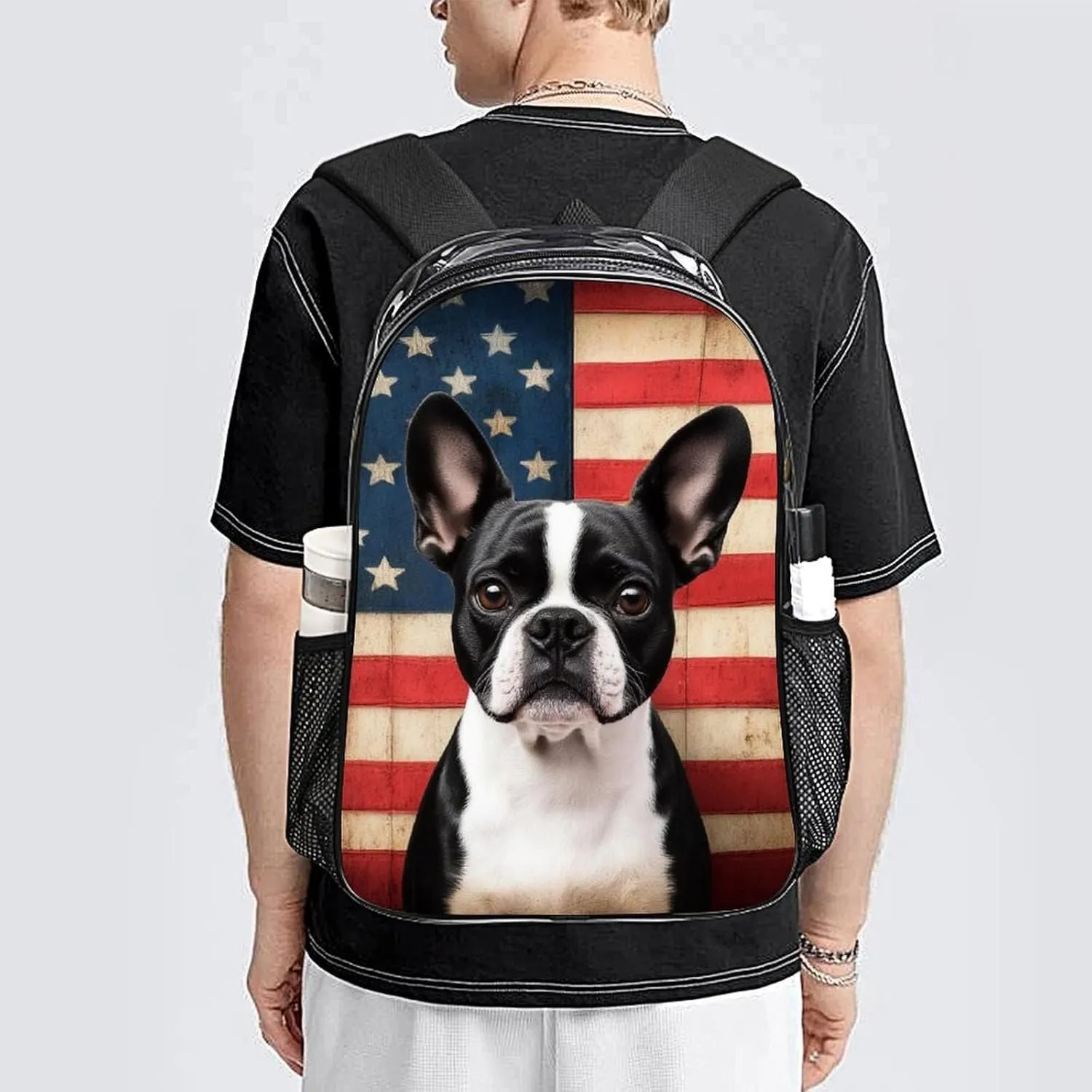 Transparent Daypack Backpack for Trekking Picnic Walking Cycling - Large Capacity Anti-Theft Multipurpose Shoulder Bag, American Us Flag Boston Terrier Casual Daypack