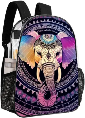 Transparent Daypack Backpack for Trekking Picnic Walking Cycling - Large Capacity Anti-Theft Multipurpose Shoulder Bag, Indian Elephant Head Mandala Art Casual Daypack
