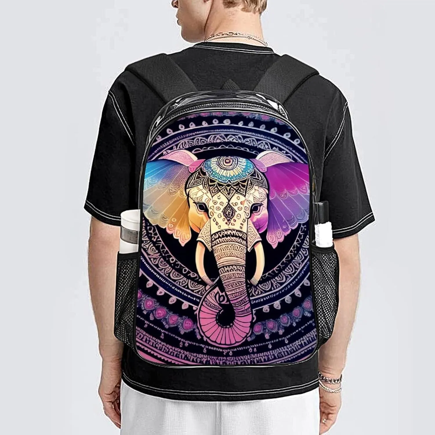 Transparent Daypack Backpack for Trekking Picnic Walking Cycling - Large Capacity Anti-Theft Multipurpose Shoulder Bag, Indian Elephant Head Mandala Art Casual Daypack