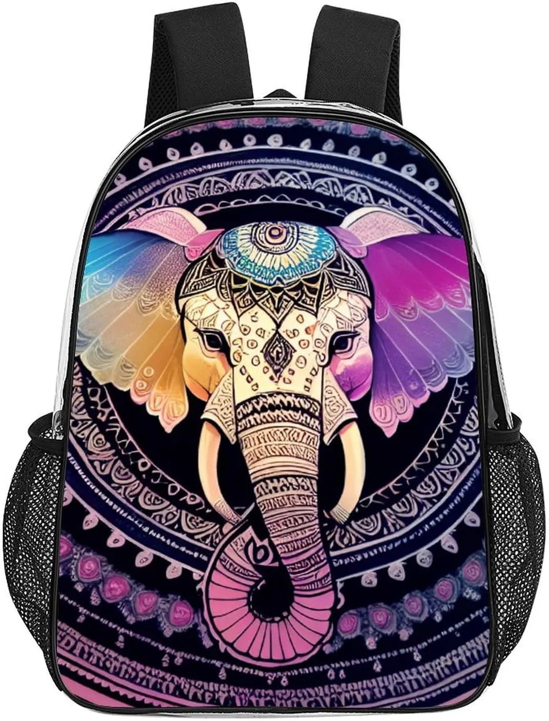 Transparent Daypack Backpack for Trekking Picnic Walking Cycling - Large Capacity Anti-Theft Multipurpose Shoulder Bag, Indian Elephant Head Mandala Art Casual Daypack