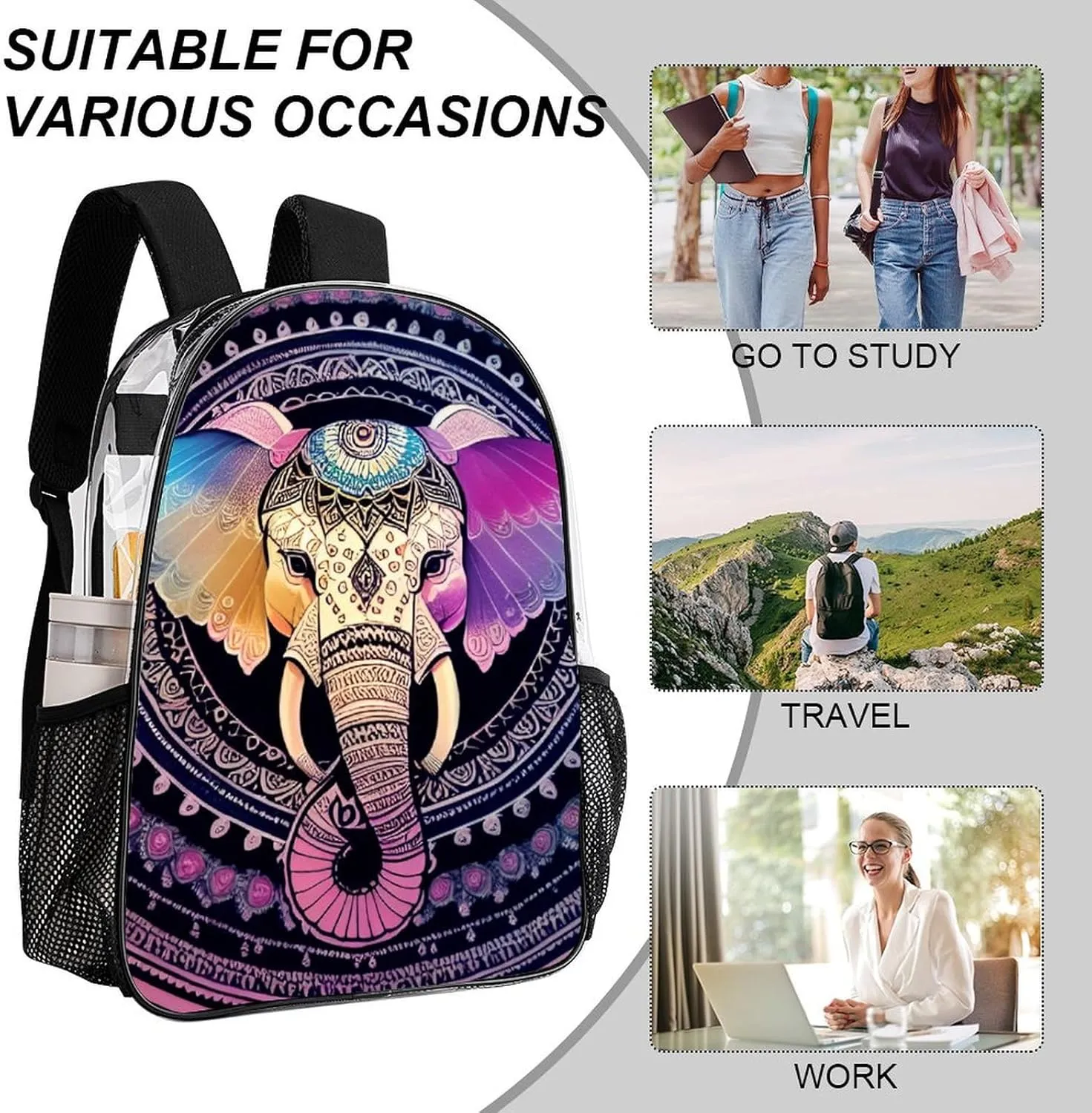 Transparent Daypack Backpack for Trekking Picnic Walking Cycling - Large Capacity Anti-Theft Multipurpose Shoulder Bag, Indian Elephant Head Mandala Art Casual Daypack