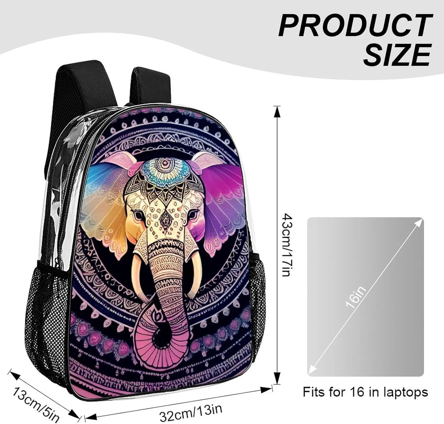 Transparent Daypack Backpack for Trekking Picnic Walking Cycling - Large Capacity Anti-Theft Multipurpose Shoulder Bag, Indian Elephant Head Mandala Art Casual Daypack
