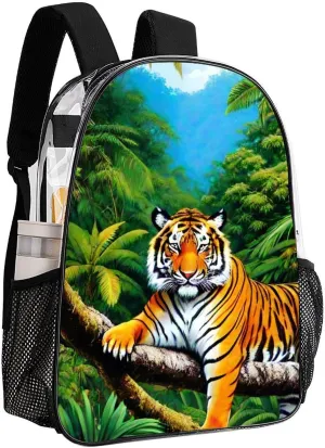 Transparent Daypack for Camping Travel Walking Cycling - Big Capacity Anti-Theft Multipurpose Bookbag, King Of The Tiger Tropical Rainforest Landscape Jungle Art Camping Outdoor Backpack