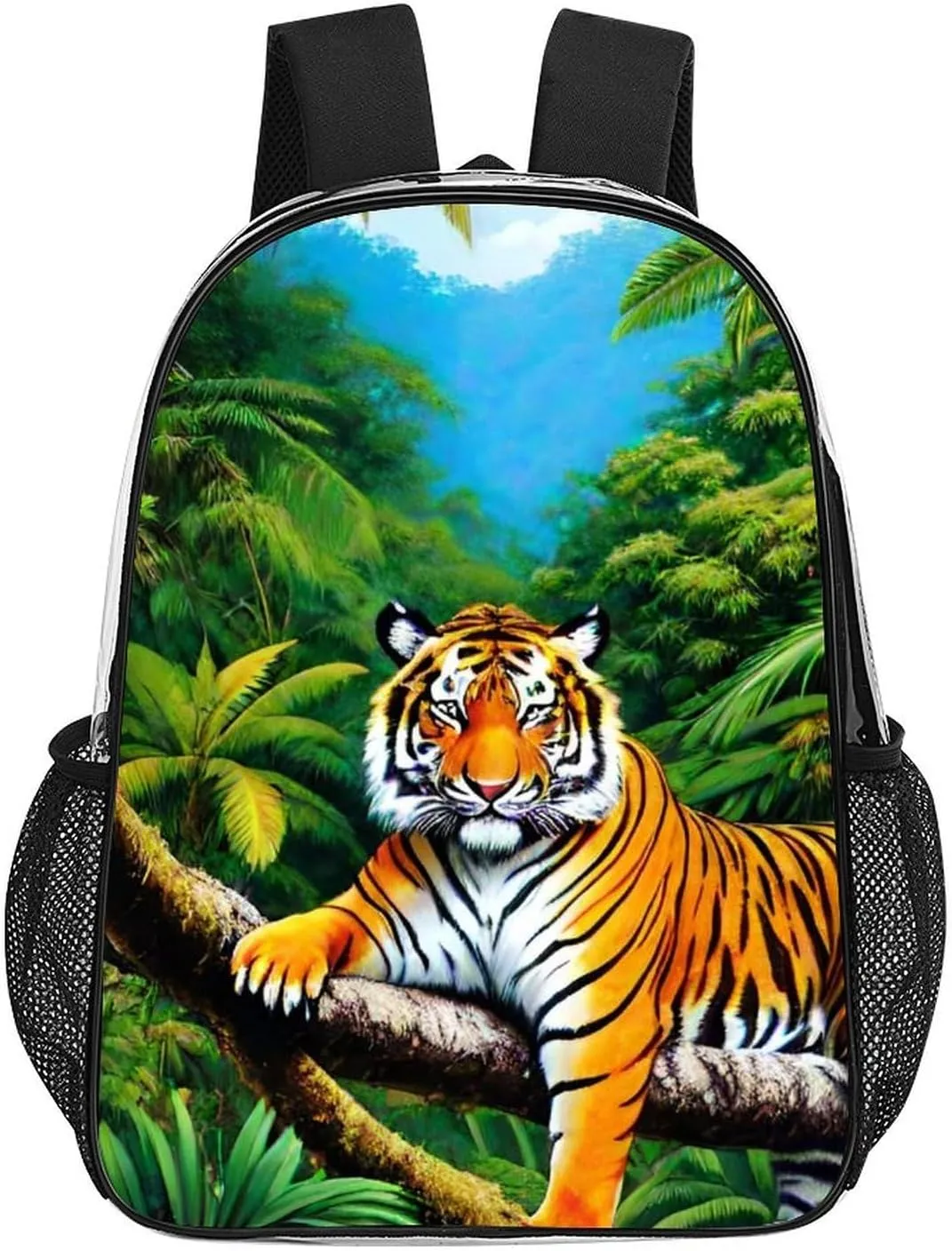 Transparent Daypack for Camping Travel Walking Cycling - Big Capacity Anti-Theft Multipurpose Bookbag, King Of The Tiger Tropical Rainforest Landscape Jungle Art Camping Outdoor Backpack