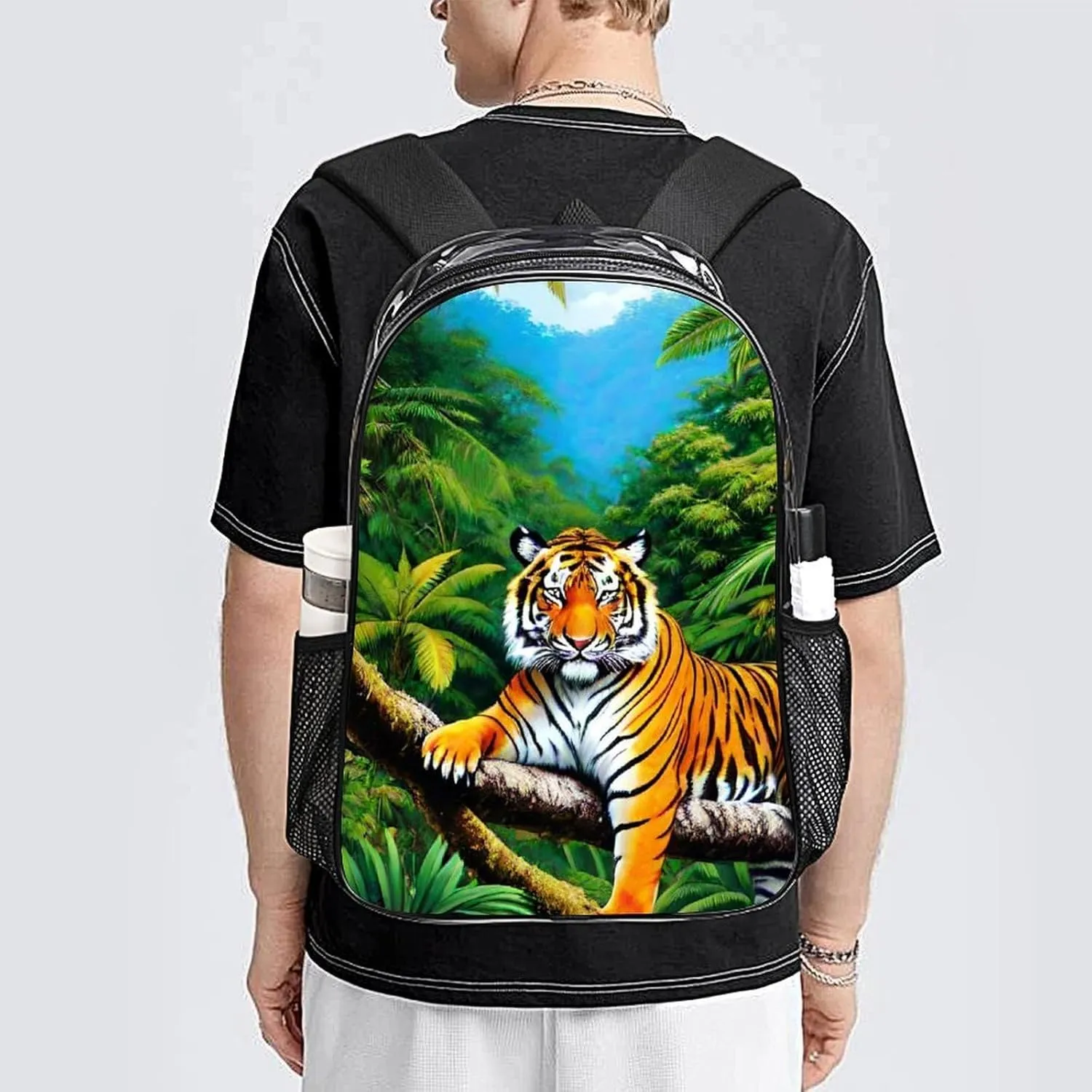 Transparent Daypack for Camping Travel Walking Cycling - Big Capacity Anti-Theft Multipurpose Bookbag, King Of The Tiger Tropical Rainforest Landscape Jungle Art Camping Outdoor Backpack