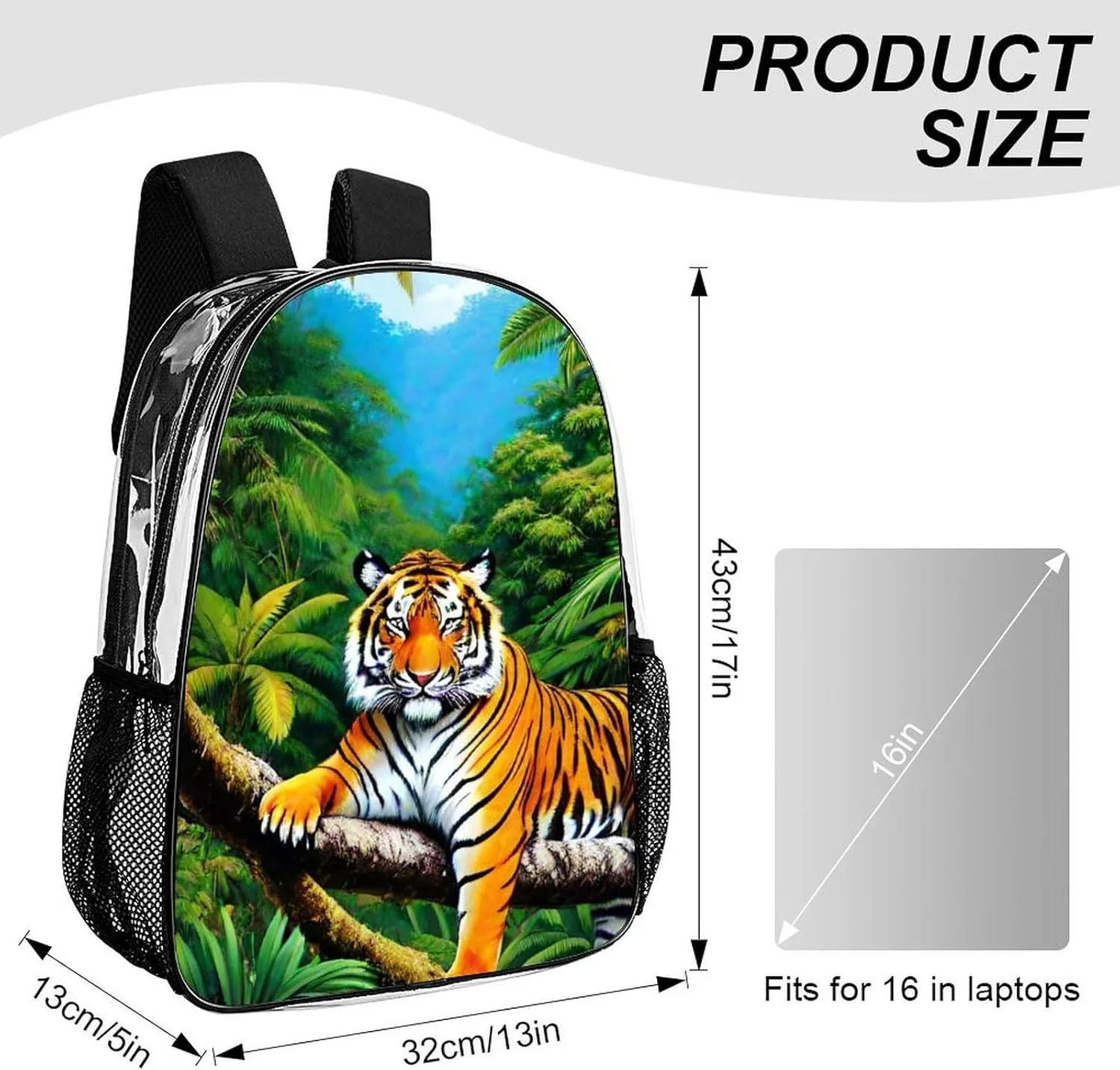 Transparent Daypack for Camping Travel Walking Cycling - Big Capacity Anti-Theft Multipurpose Bookbag, King Of The Tiger Tropical Rainforest Landscape Jungle Art Camping Outdoor Backpack