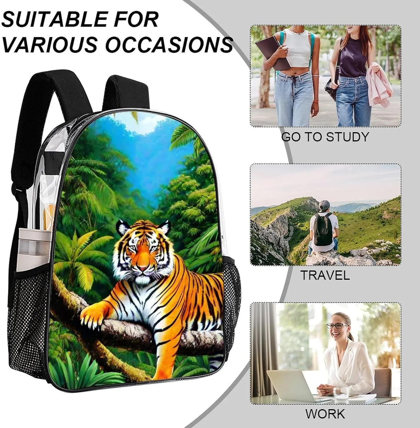 Transparent Daypack for Camping Travel Walking Cycling - Big Capacity Anti-Theft Multipurpose Bookbag, King Of The Tiger Tropical Rainforest Landscape Jungle Art Camping Outdoor Backpack