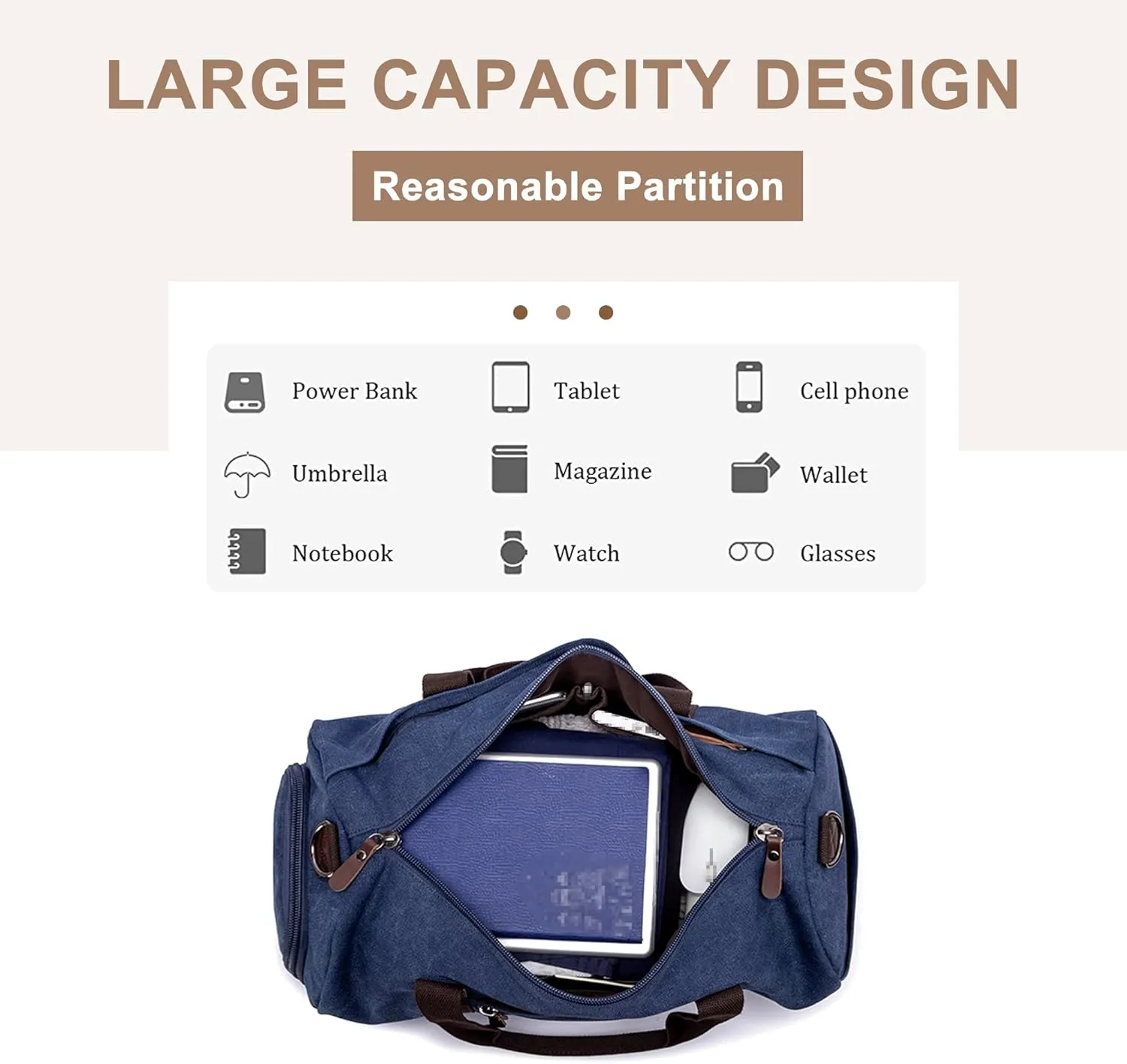 Travel Duffel Bag for Men, Canvas Crossbody Shoulder Bag Large Capacity Satchel Bags for Climbing Camping Hiking (Blue)