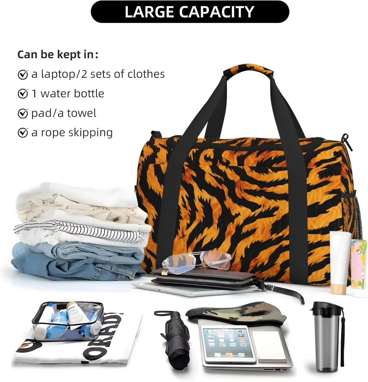 Travel Duffel Bag For Men Women, Animal Tiger Skin Print Stripe Carry On Sport Gym Bag With Shoulder Strap Lightweight Waterproof Weekender Bag Overnight Bag
