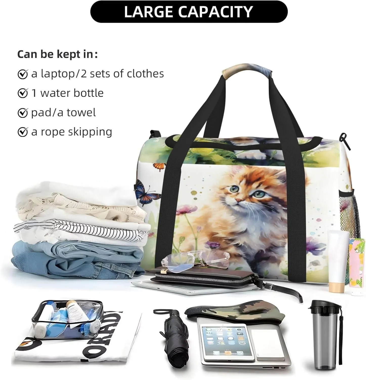Travel Duffel Bag For Men Women, Cute Cat Watercolor Kitten Butterfly Carry On Sport Gym Bag With Shoulder Strap Lightweight Waterproof Weekender Bag Overnight Bag