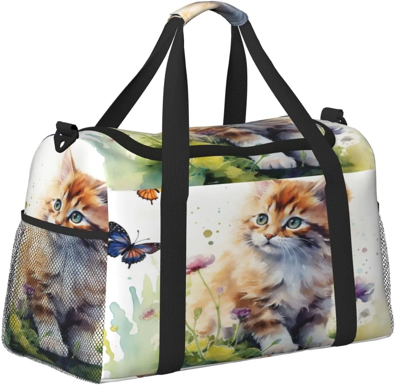 Travel Duffel Bag For Men Women, Cute Cat Watercolor Kitten Butterfly Carry On Sport Gym Bag With Shoulder Strap Lightweight Waterproof Weekender Bag Overnight Bag