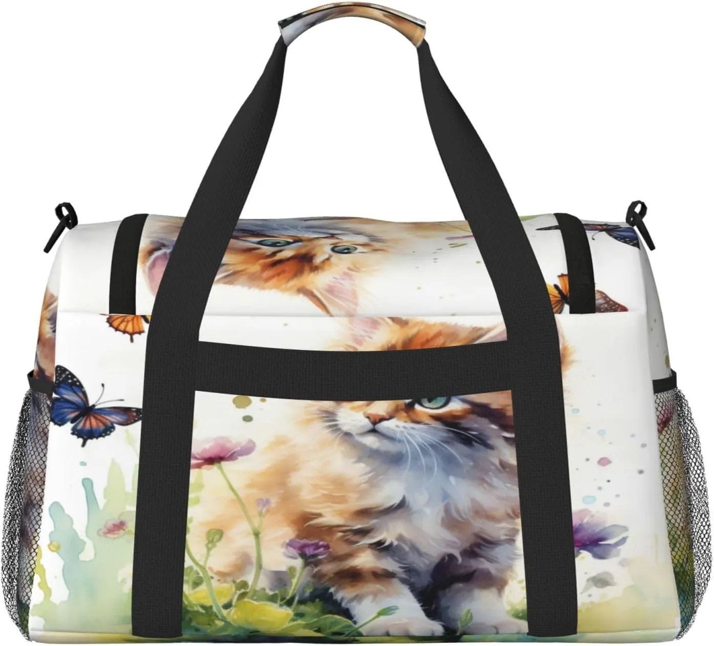 Travel Duffel Bag For Men Women, Cute Cat Watercolor Kitten Butterfly Carry On Sport Gym Bag With Shoulder Strap Lightweight Waterproof Weekender Bag Overnight Bag