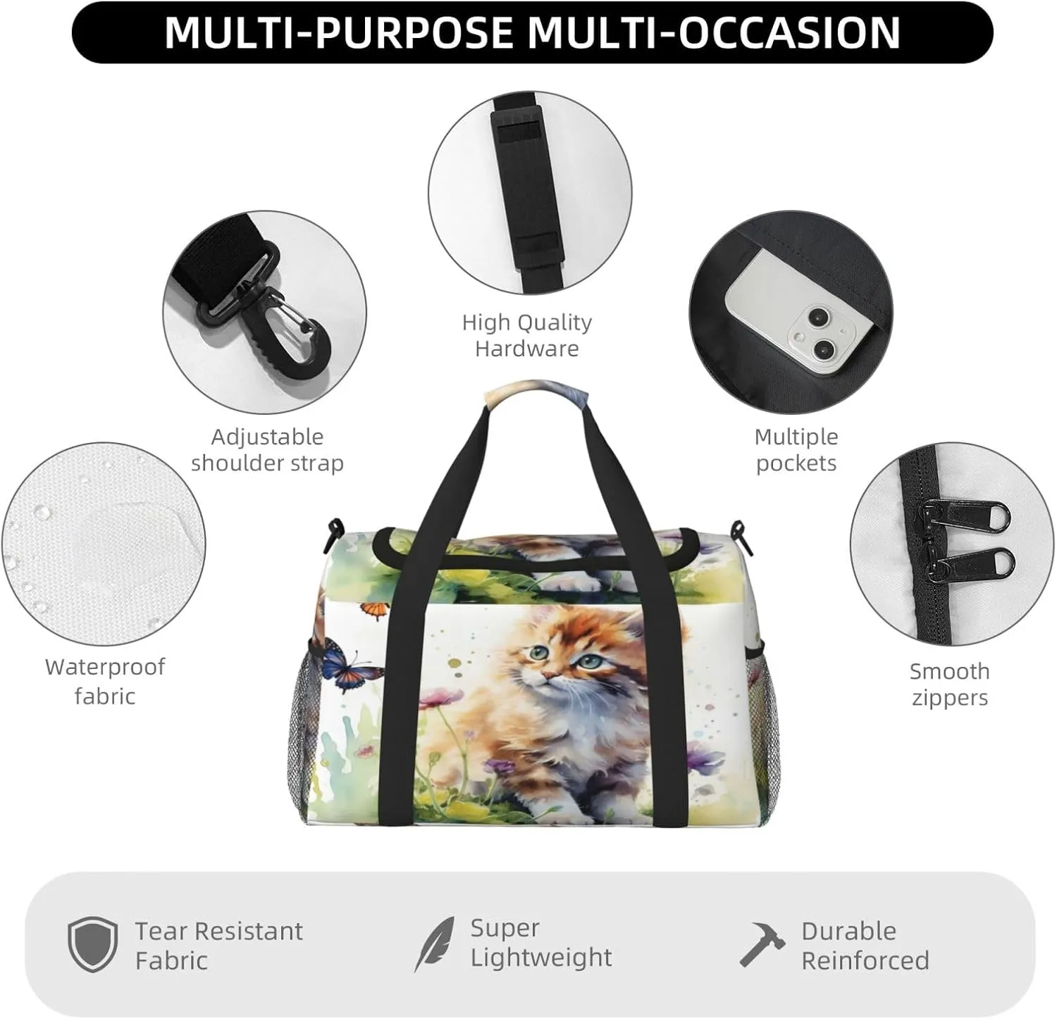 Travel Duffel Bag For Men Women, Cute Cat Watercolor Kitten Butterfly Carry On Sport Gym Bag With Shoulder Strap Lightweight Waterproof Weekender Bag Overnight Bag