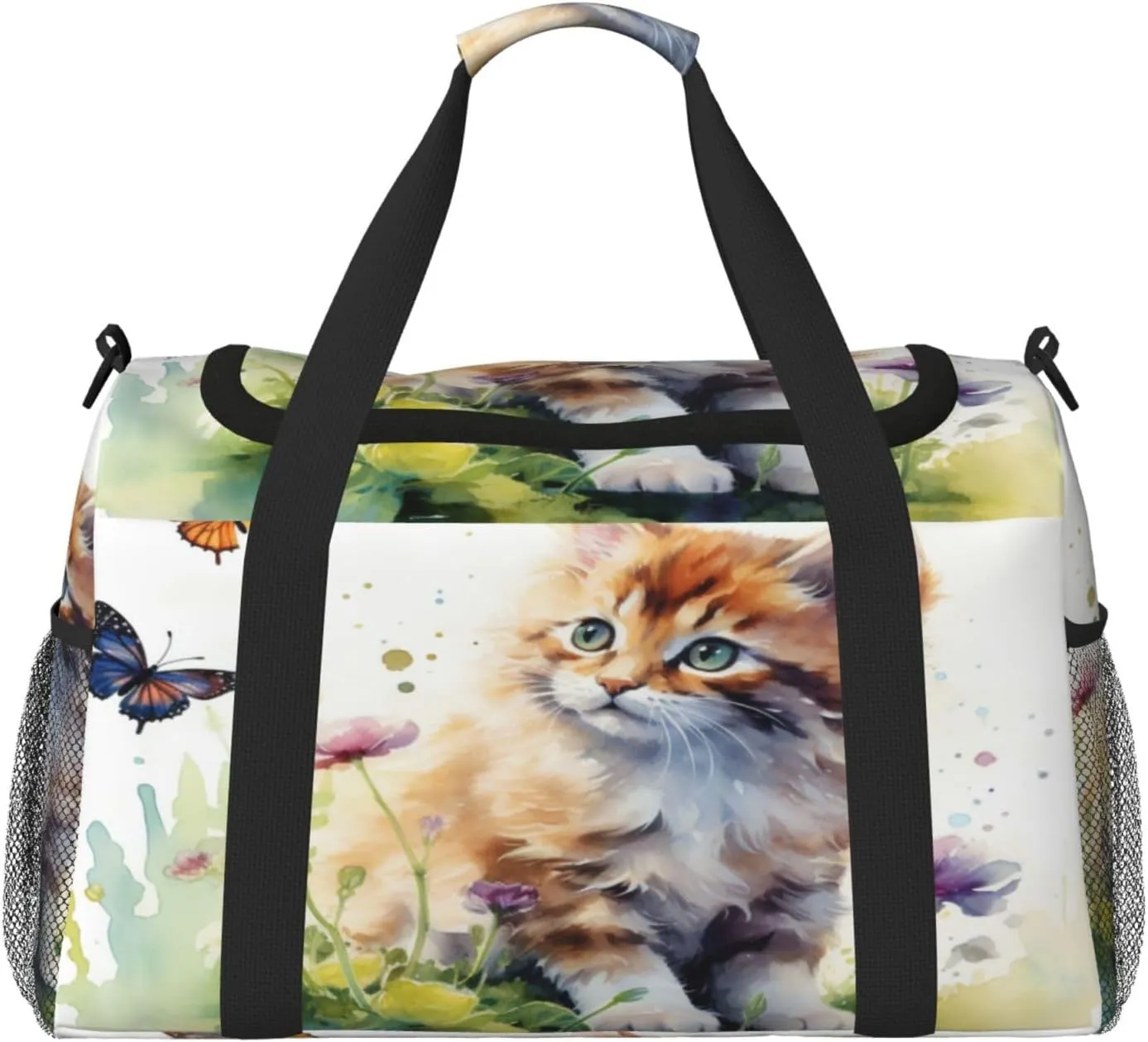 Travel Duffel Bag For Men Women, Cute Cat Watercolor Kitten Butterfly Carry On Sport Gym Bag With Shoulder Strap Lightweight Waterproof Weekender Bag Overnight Bag