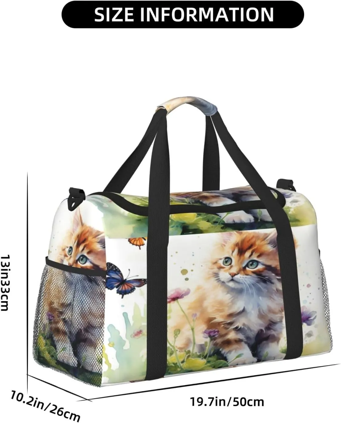 Travel Duffel Bag For Men Women, Cute Cat Watercolor Kitten Butterfly Carry On Sport Gym Bag With Shoulder Strap Lightweight Waterproof Weekender Bag Overnight Bag