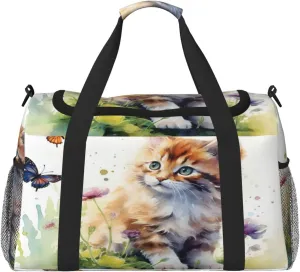 Travel Duffel Bag For Men Women, Cute Cat Watercolor Kitten Butterfly Carry On Sport Gym Bag With Shoulder Strap Lightweight Waterproof Weekender Bag Overnight Bag