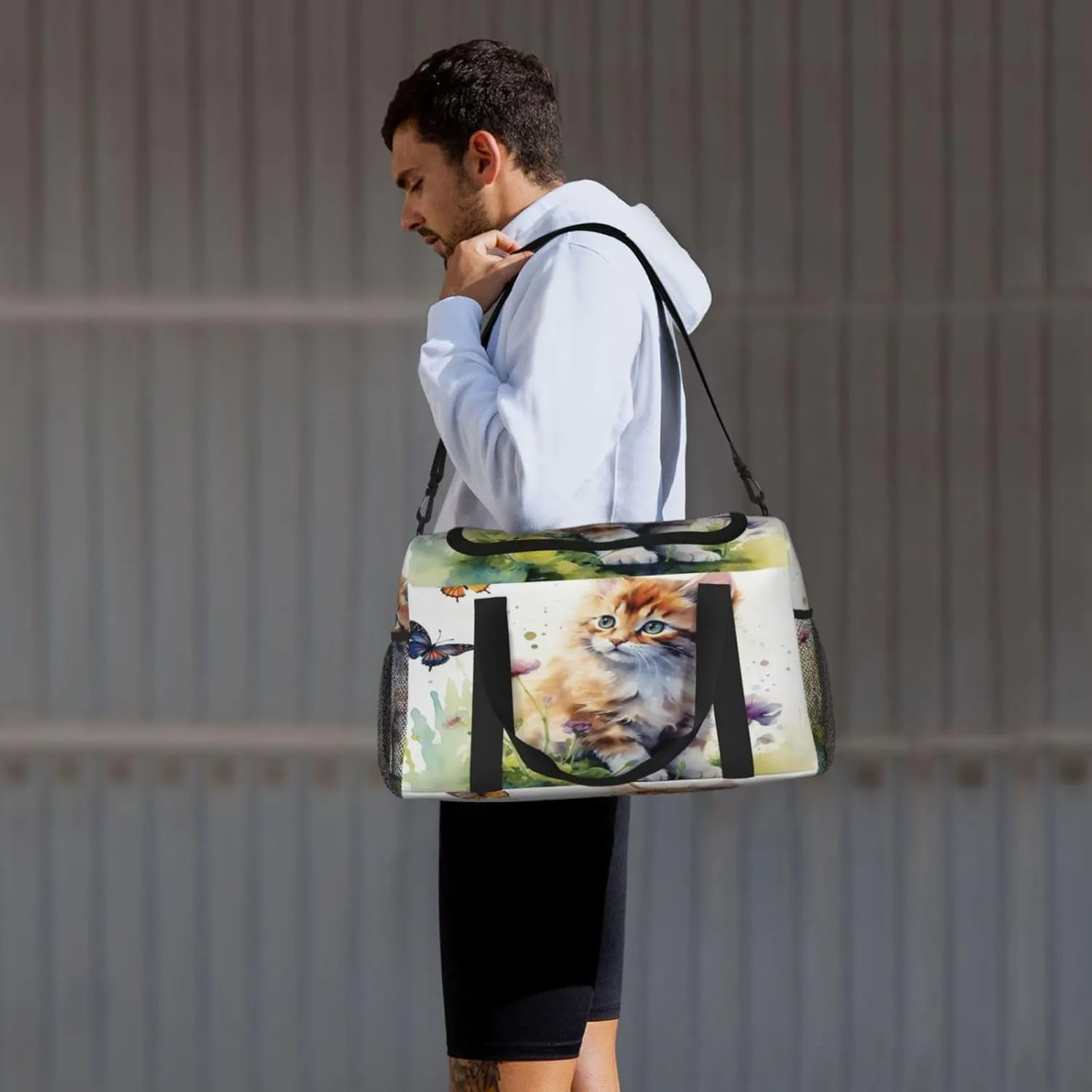 Travel Duffel Bag For Men Women, Cute Cat Watercolor Kitten Butterfly Carry On Sport Gym Bag With Shoulder Strap Lightweight Waterproof Weekender Bag Overnight Bag