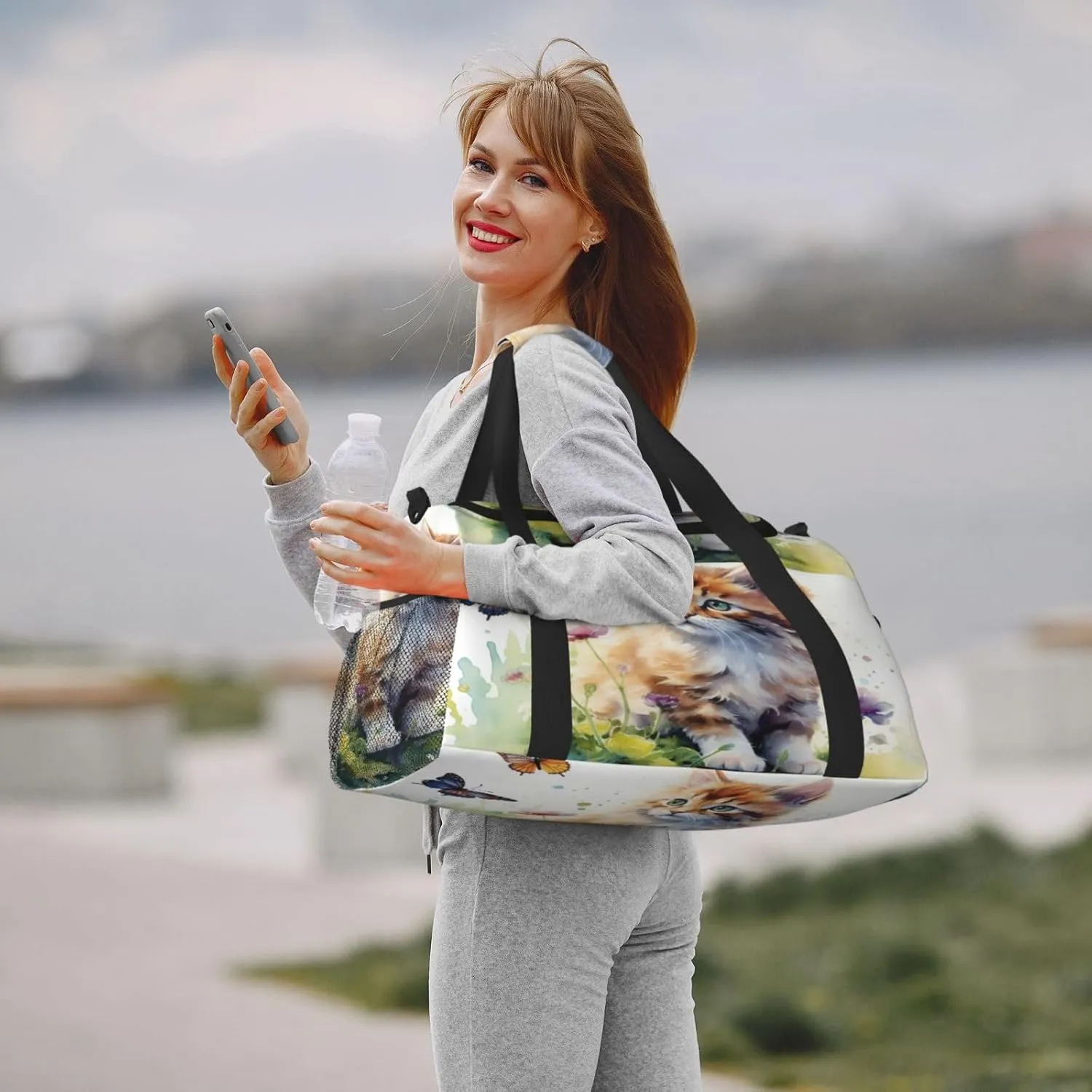 Travel Duffel Bag For Men Women, Cute Cat Watercolor Kitten Butterfly Carry On Sport Gym Bag With Shoulder Strap Lightweight Waterproof Weekender Bag Overnight Bag