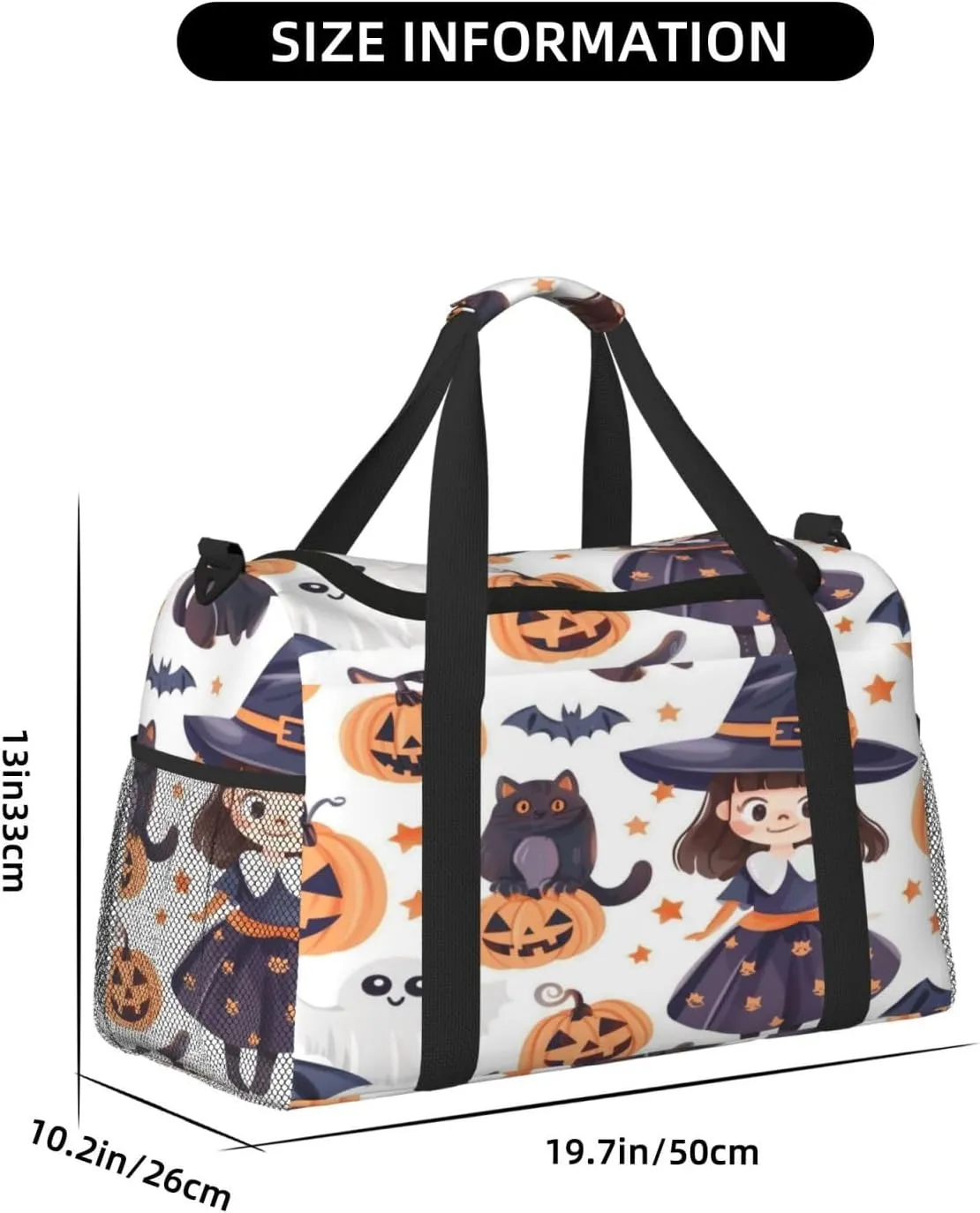 Travel Duffel Bag For Men Women, Halloween Cute Witch Cat Pumpkins Carry On Sport Gym Bag With Shoulder Strap Lightweight Waterproof Weekender Bag Overnight Bag