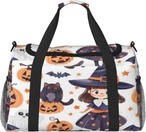 Travel Duffel Bag For Men Women, Halloween Cute Witch Cat Pumpkins Carry On Sport Gym Bag With Shoulder Strap Lightweight Waterproof Weekender Bag Overnight Bag