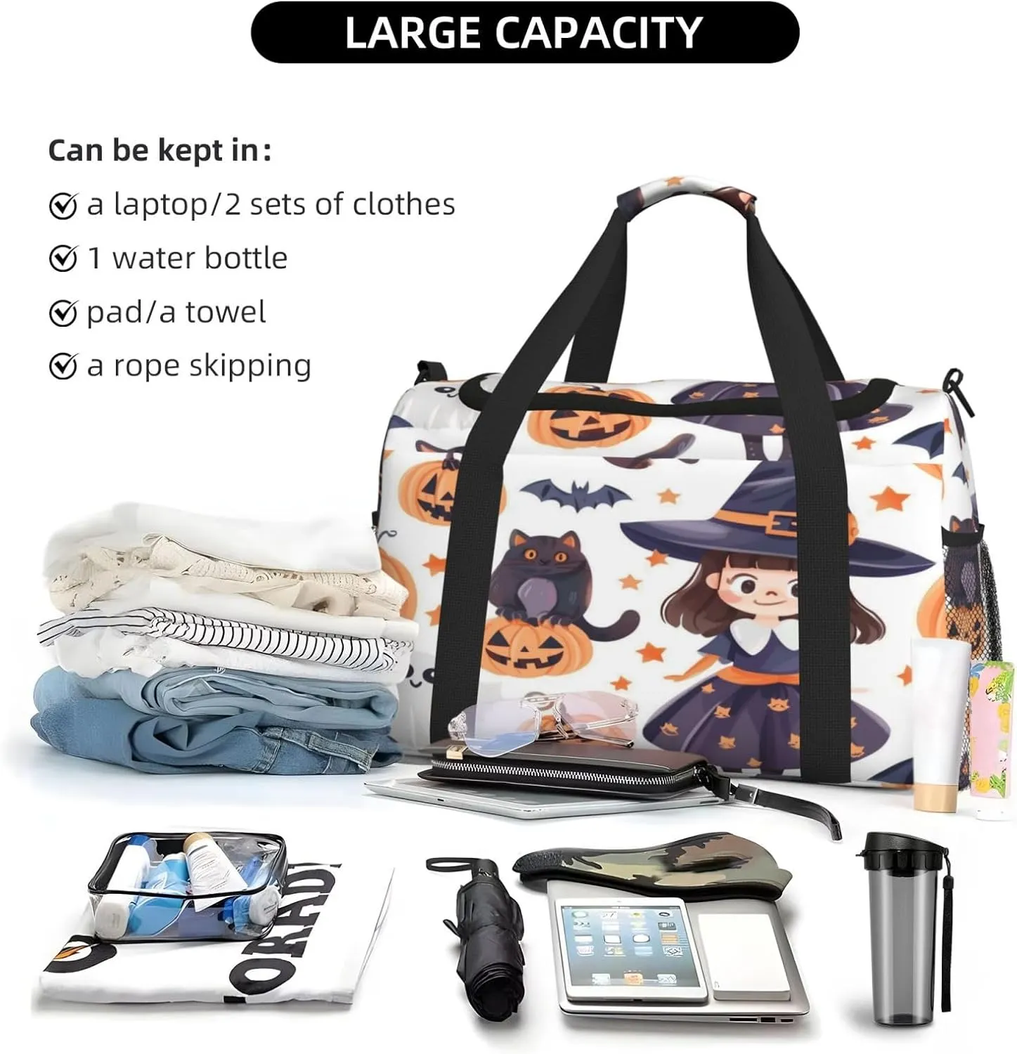 Travel Duffel Bag For Men Women, Halloween Cute Witch Cat Pumpkins Carry On Sport Gym Bag With Shoulder Strap Lightweight Waterproof Weekender Bag Overnight Bag