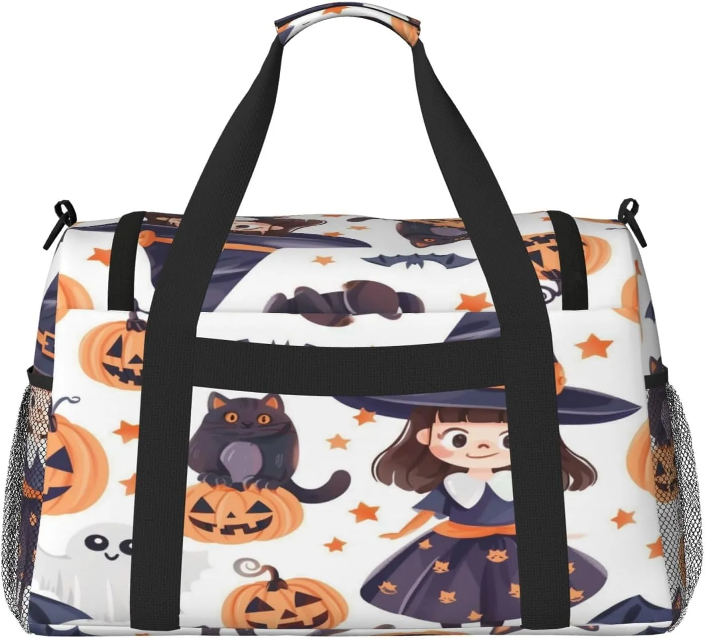 Travel Duffel Bag For Men Women, Halloween Cute Witch Cat Pumpkins Carry On Sport Gym Bag With Shoulder Strap Lightweight Waterproof Weekender Bag Overnight Bag