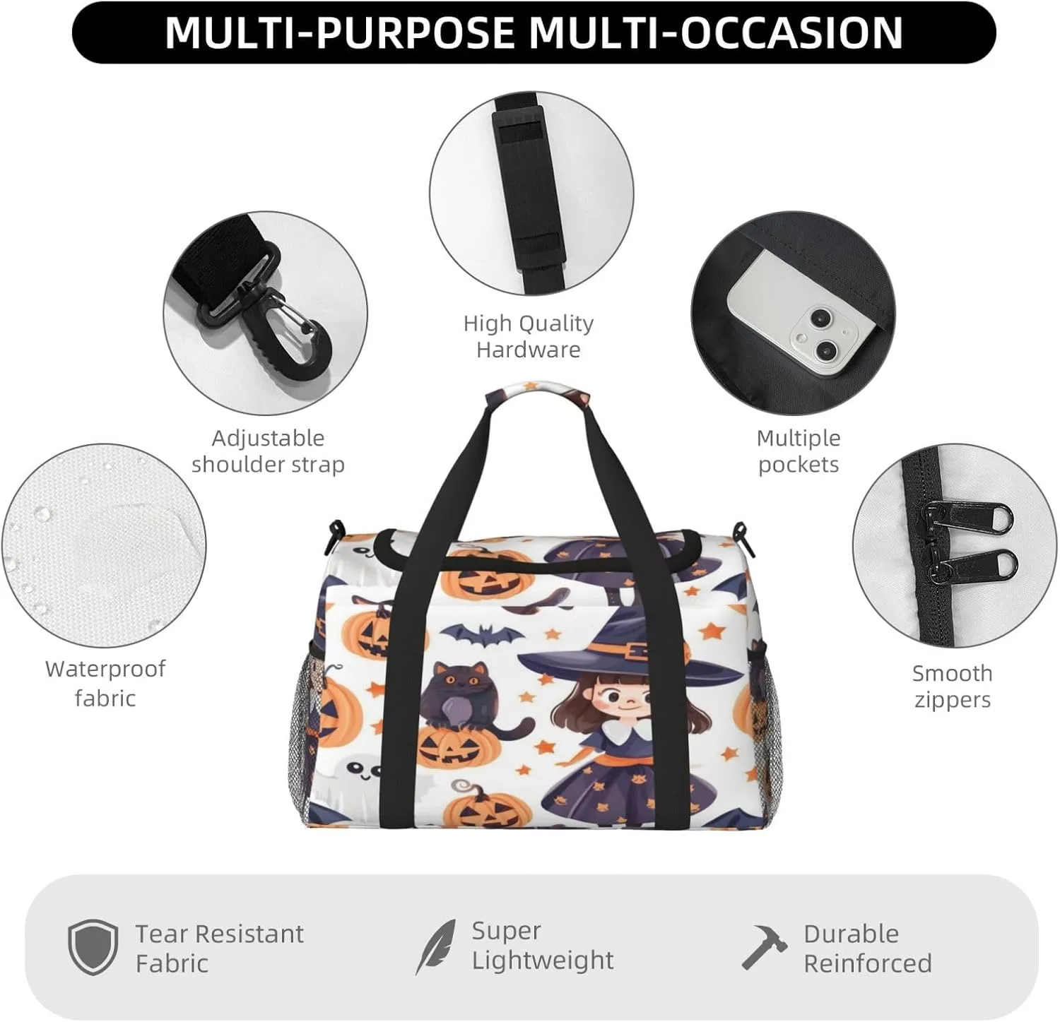 Travel Duffel Bag For Men Women, Halloween Cute Witch Cat Pumpkins Carry On Sport Gym Bag With Shoulder Strap Lightweight Waterproof Weekender Bag Overnight Bag