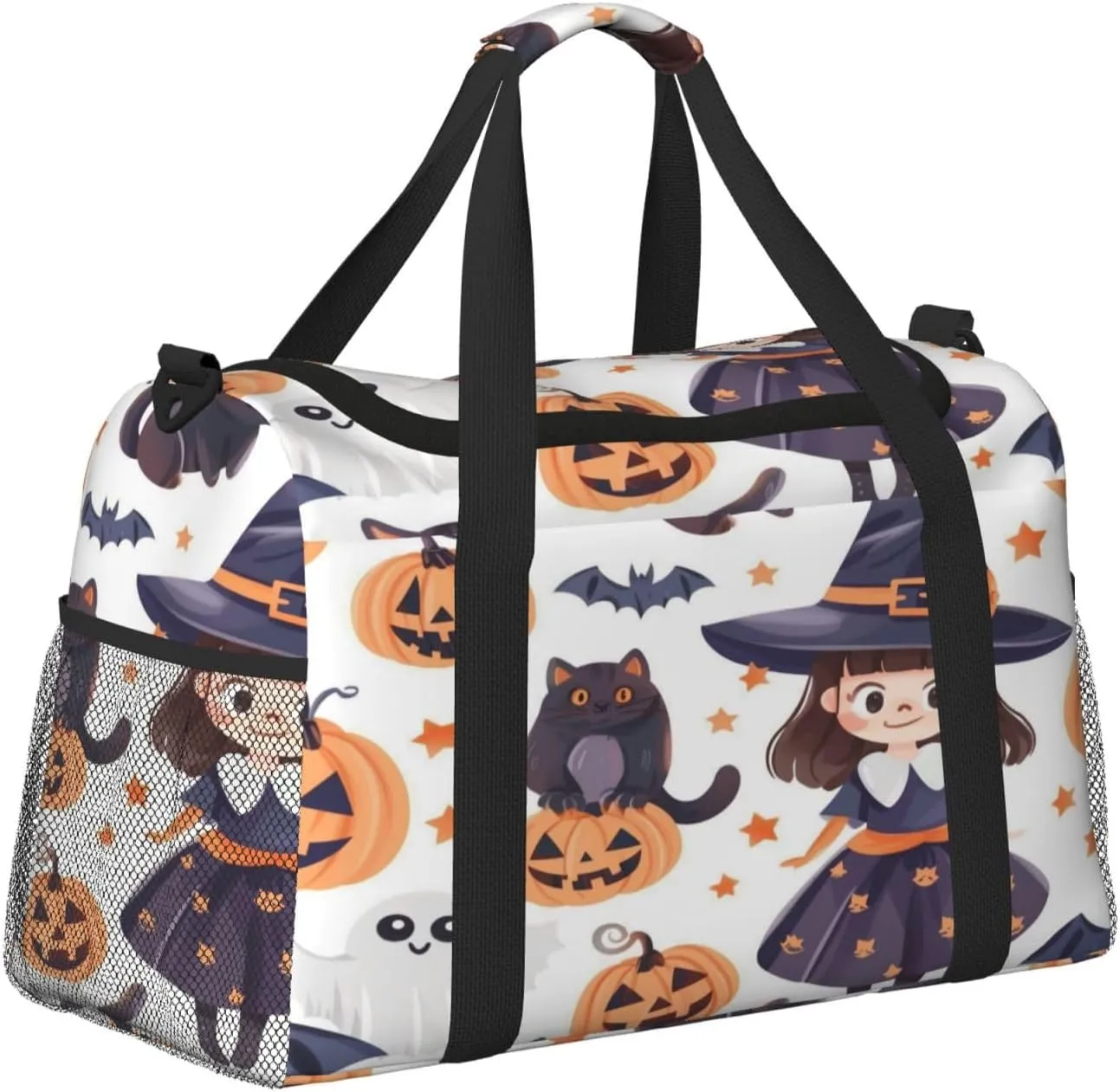 Travel Duffel Bag For Men Women, Halloween Cute Witch Cat Pumpkins Carry On Sport Gym Bag With Shoulder Strap Lightweight Waterproof Weekender Bag Overnight Bag