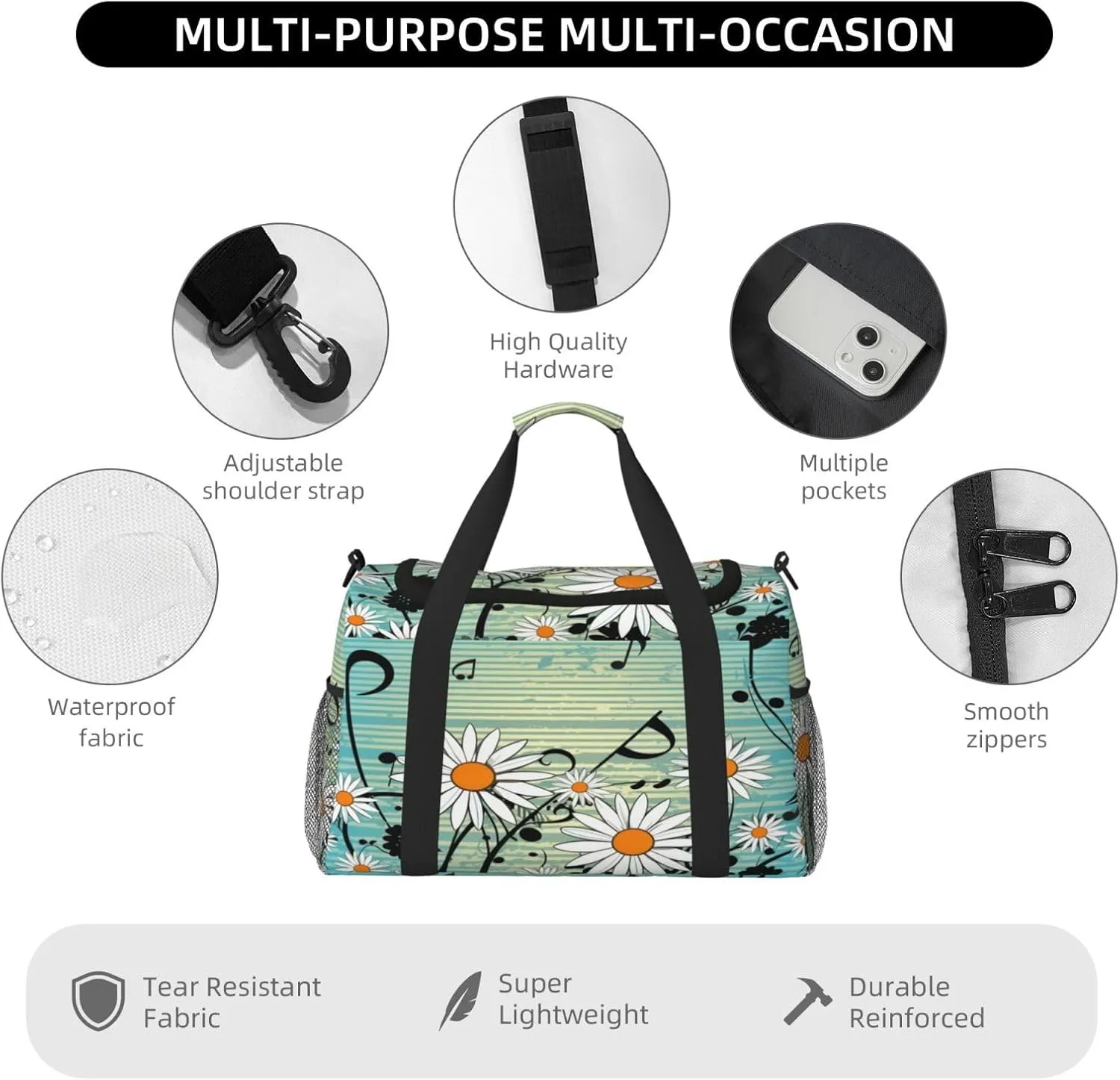 Travel Duffel Bag For Men Women, Music Notes Daisy Flowers Blue Carry On Sport Gym Bag With Shoulder Strap Lightweight Waterproof Weekender Bag Overnight Bag