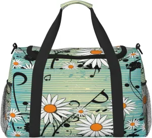 Travel Duffel Bag For Men Women, Music Notes Daisy Flowers Blue Carry On Sport Gym Bag With Shoulder Strap Lightweight Waterproof Weekender Bag Overnight Bag