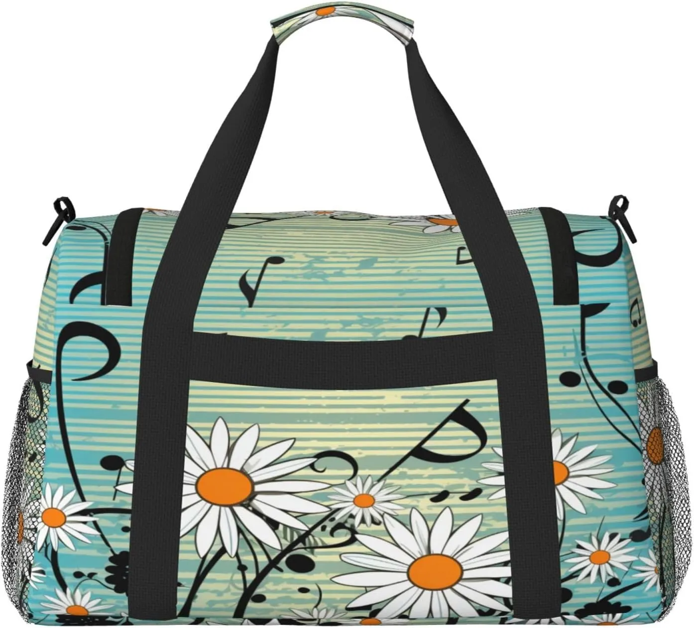 Travel Duffel Bag For Men Women, Music Notes Daisy Flowers Blue Carry On Sport Gym Bag With Shoulder Strap Lightweight Waterproof Weekender Bag Overnight Bag