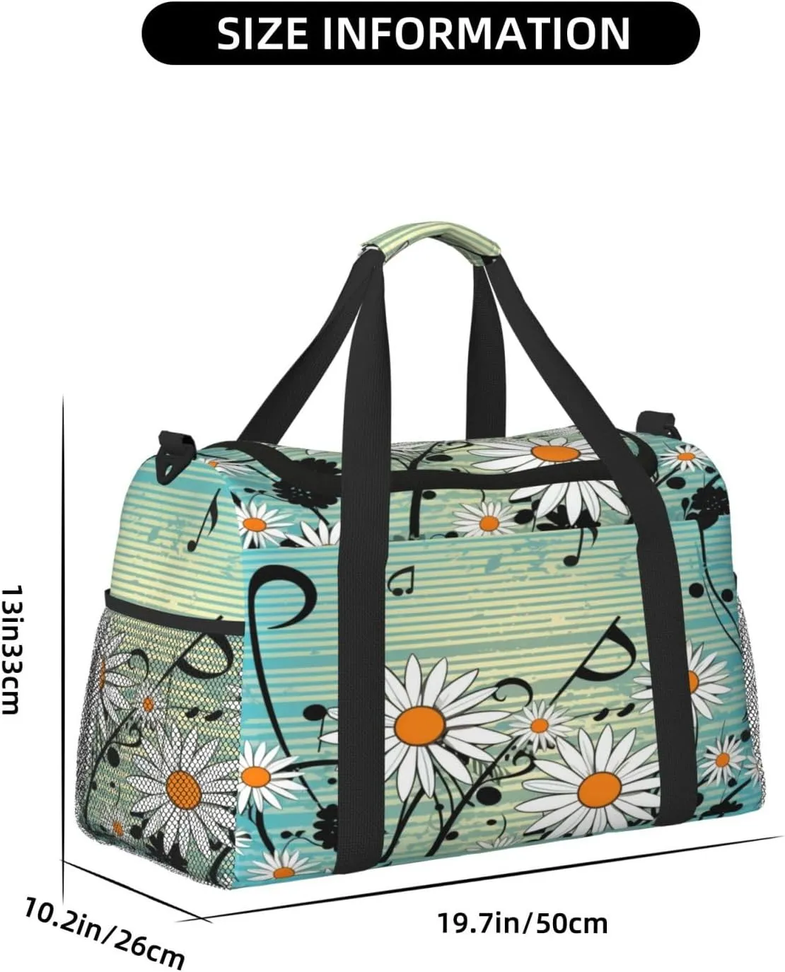 Travel Duffel Bag For Men Women, Music Notes Daisy Flowers Blue Carry On Sport Gym Bag With Shoulder Strap Lightweight Waterproof Weekender Bag Overnight Bag