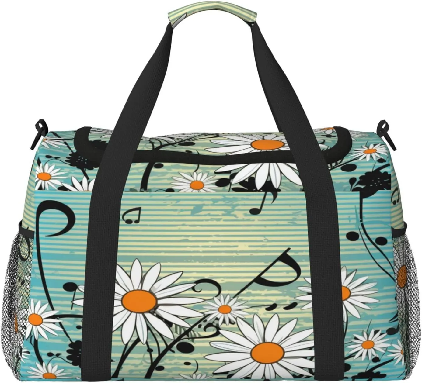 Travel Duffel Bag For Men Women, Music Notes Daisy Flowers Blue Carry On Sport Gym Bag With Shoulder Strap Lightweight Waterproof Weekender Bag Overnight Bag