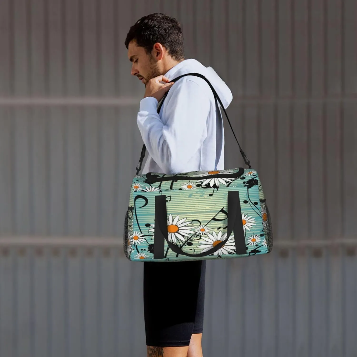Travel Duffel Bag For Men Women, Music Notes Daisy Flowers Blue Carry On Sport Gym Bag With Shoulder Strap Lightweight Waterproof Weekender Bag Overnight Bag