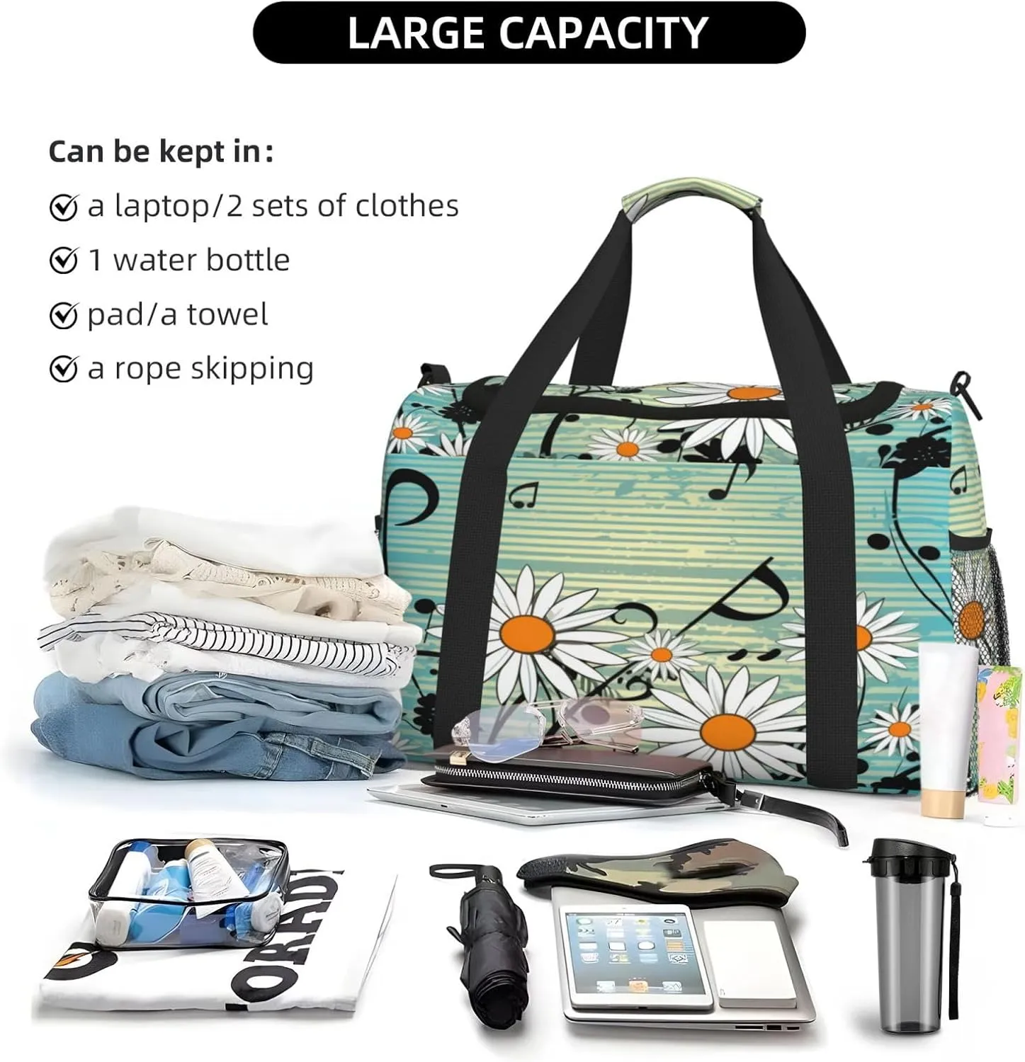 Travel Duffel Bag For Men Women, Music Notes Daisy Flowers Blue Carry On Sport Gym Bag With Shoulder Strap Lightweight Waterproof Weekender Bag Overnight Bag