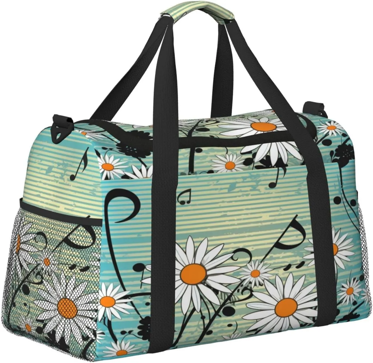 Travel Duffel Bag For Men Women, Music Notes Daisy Flowers Blue Carry On Sport Gym Bag With Shoulder Strap Lightweight Waterproof Weekender Bag Overnight Bag