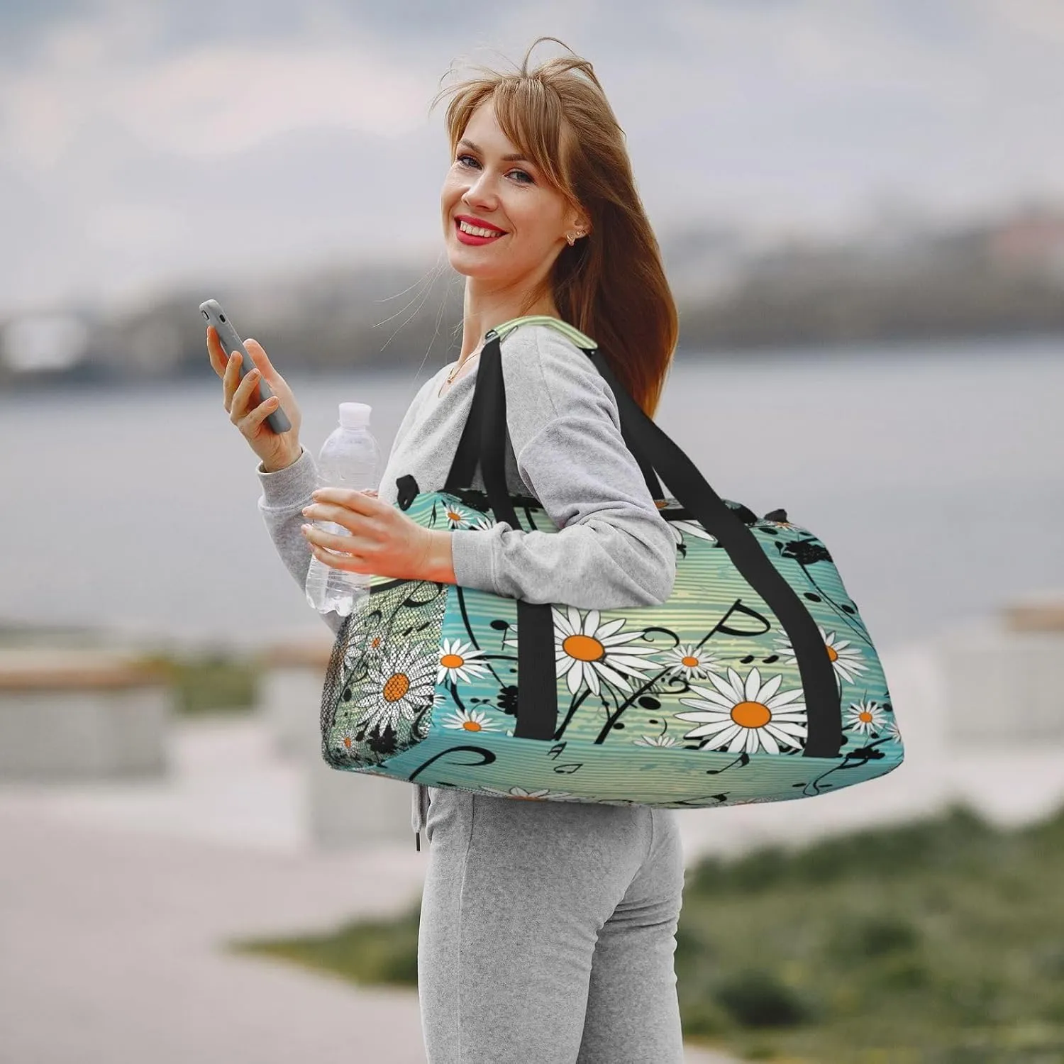 Travel Duffel Bag For Men Women, Music Notes Daisy Flowers Blue Carry On Sport Gym Bag With Shoulder Strap Lightweight Waterproof Weekender Bag Overnight Bag