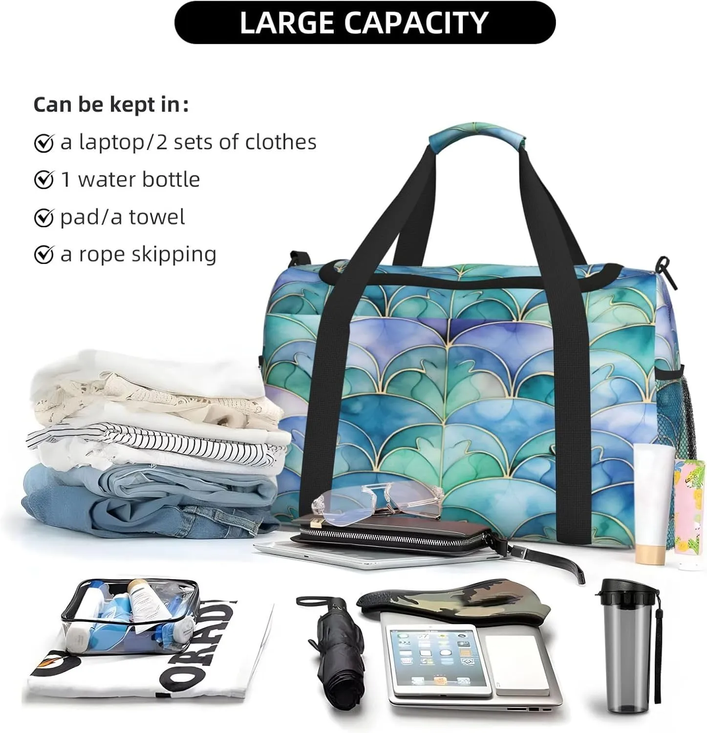 Travel Duffel Bag For Men Women, Purple Blue Enamel Morocco Pattern Carry On Sport Gym Bag With Shoulder Strap Lightweight Waterproof Weekender Bag Overnight Bag