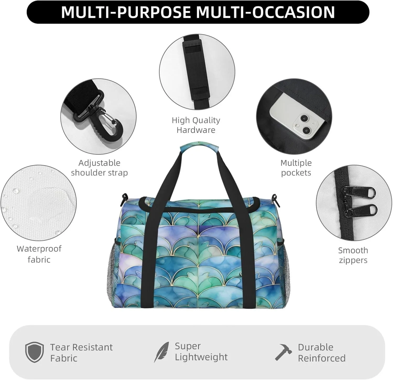 Travel Duffel Bag For Men Women, Purple Blue Enamel Morocco Pattern Carry On Sport Gym Bag With Shoulder Strap Lightweight Waterproof Weekender Bag Overnight Bag