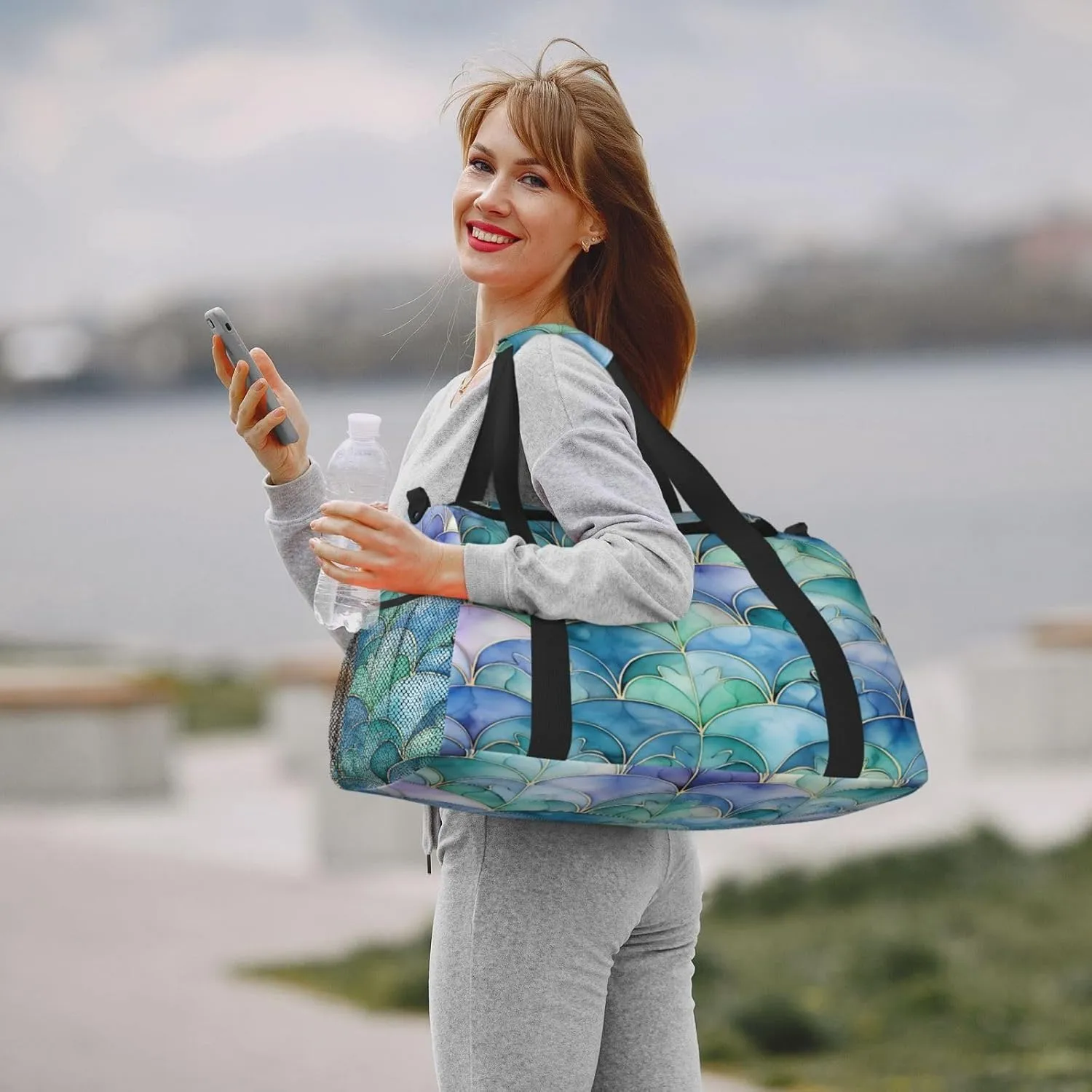 Travel Duffel Bag For Men Women, Purple Blue Enamel Morocco Pattern Carry On Sport Gym Bag With Shoulder Strap Lightweight Waterproof Weekender Bag Overnight Bag