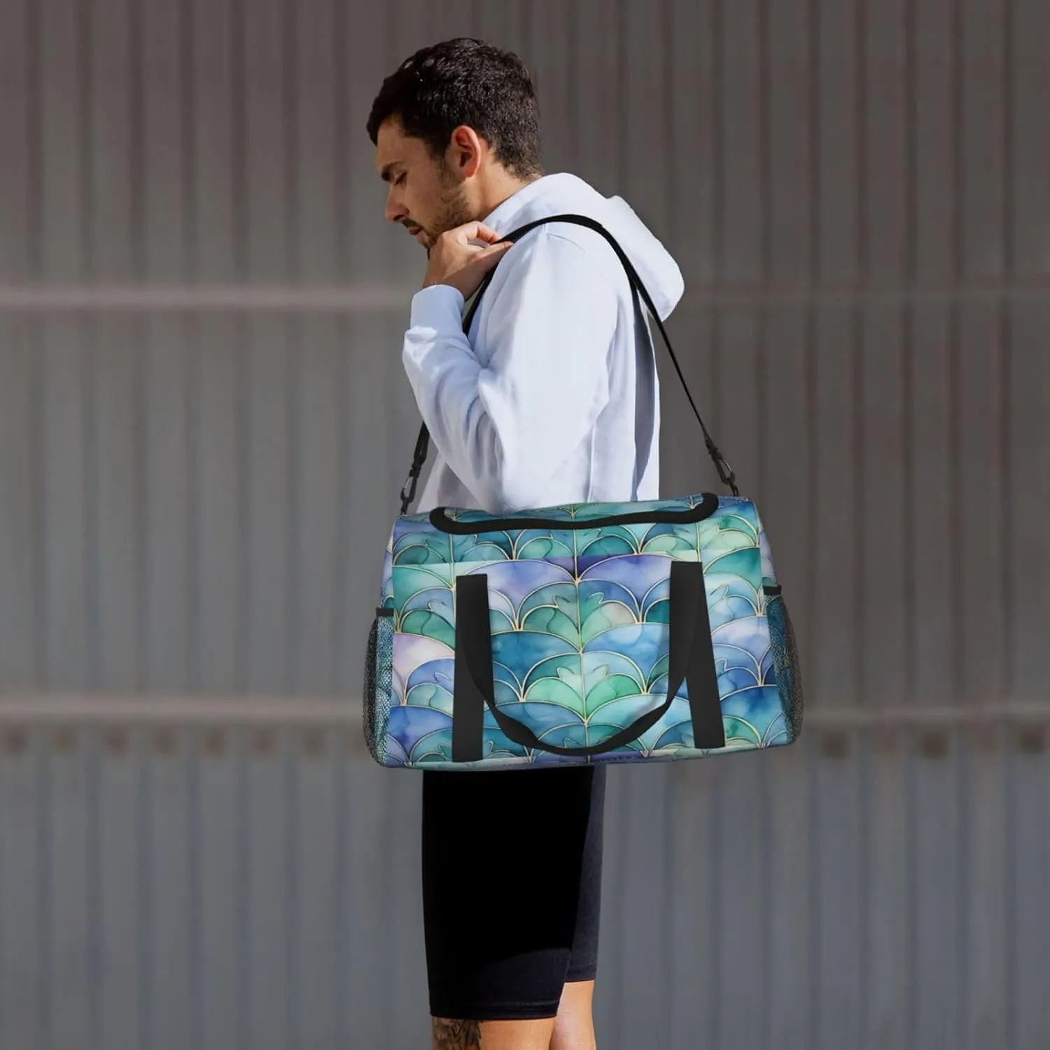Travel Duffel Bag For Men Women, Purple Blue Enamel Morocco Pattern Carry On Sport Gym Bag With Shoulder Strap Lightweight Waterproof Weekender Bag Overnight Bag