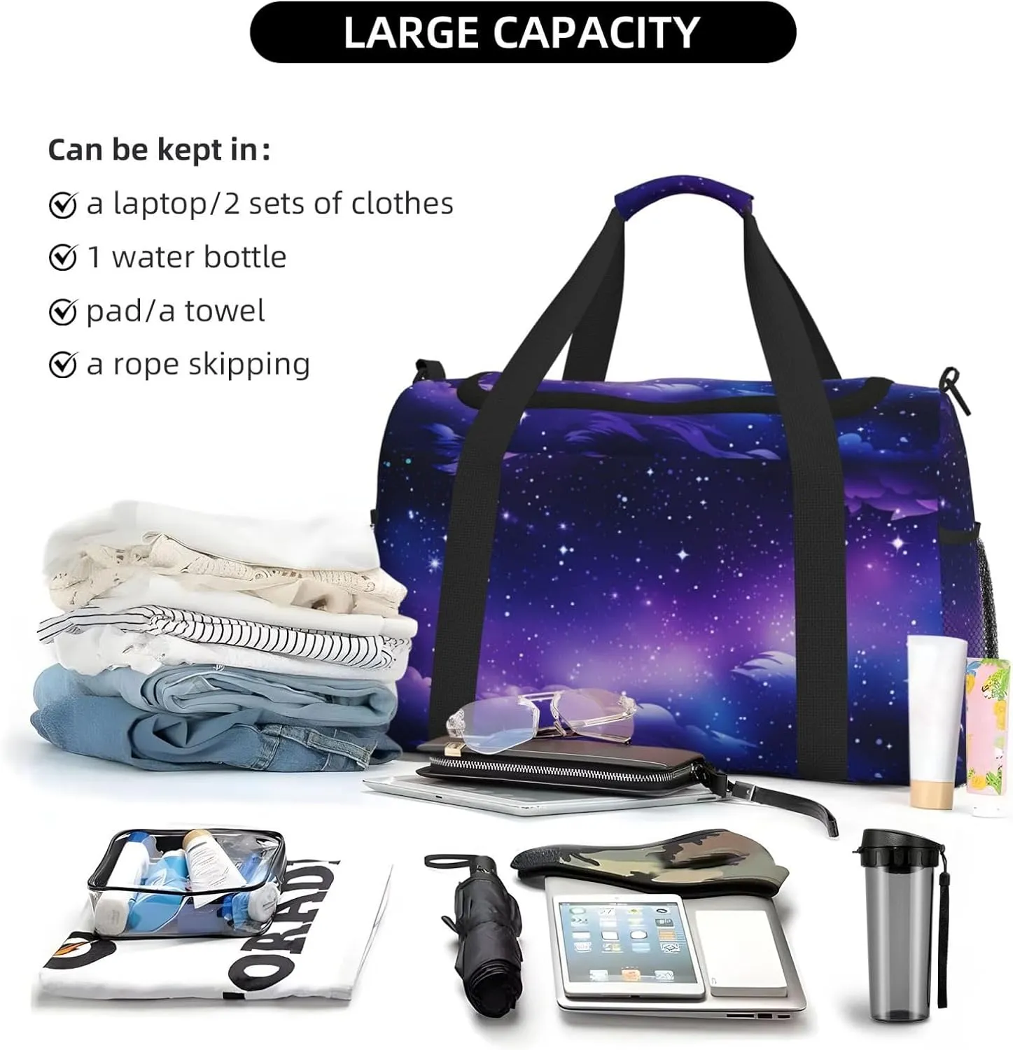 Travel Duffel Bag For Men Women, Purple Galaxy Nebula Carry On Sport Gym Bag With Shoulder Strap Lightweight Waterproof Weekender Bag Overnight Bag