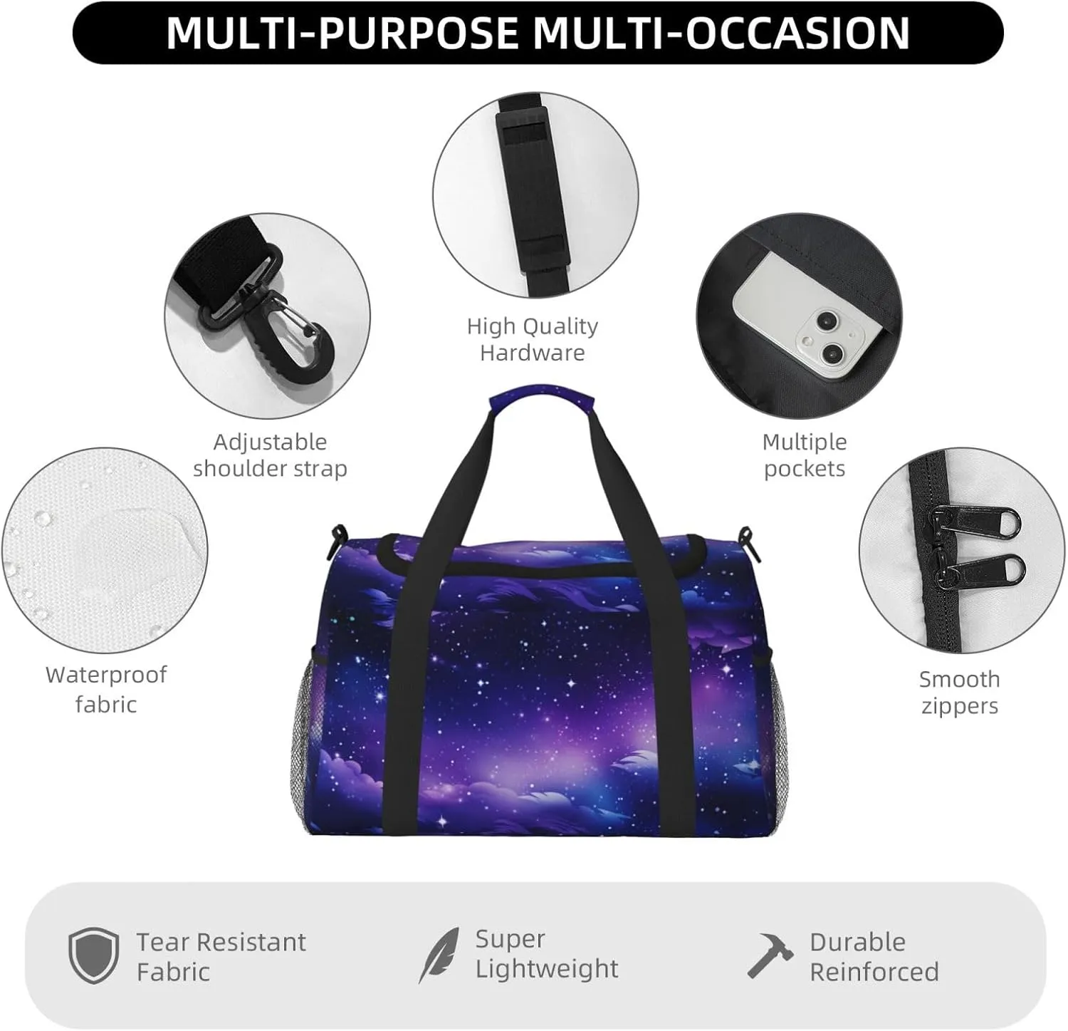 Travel Duffel Bag For Men Women, Purple Galaxy Nebula Carry On Sport Gym Bag With Shoulder Strap Lightweight Waterproof Weekender Bag Overnight Bag