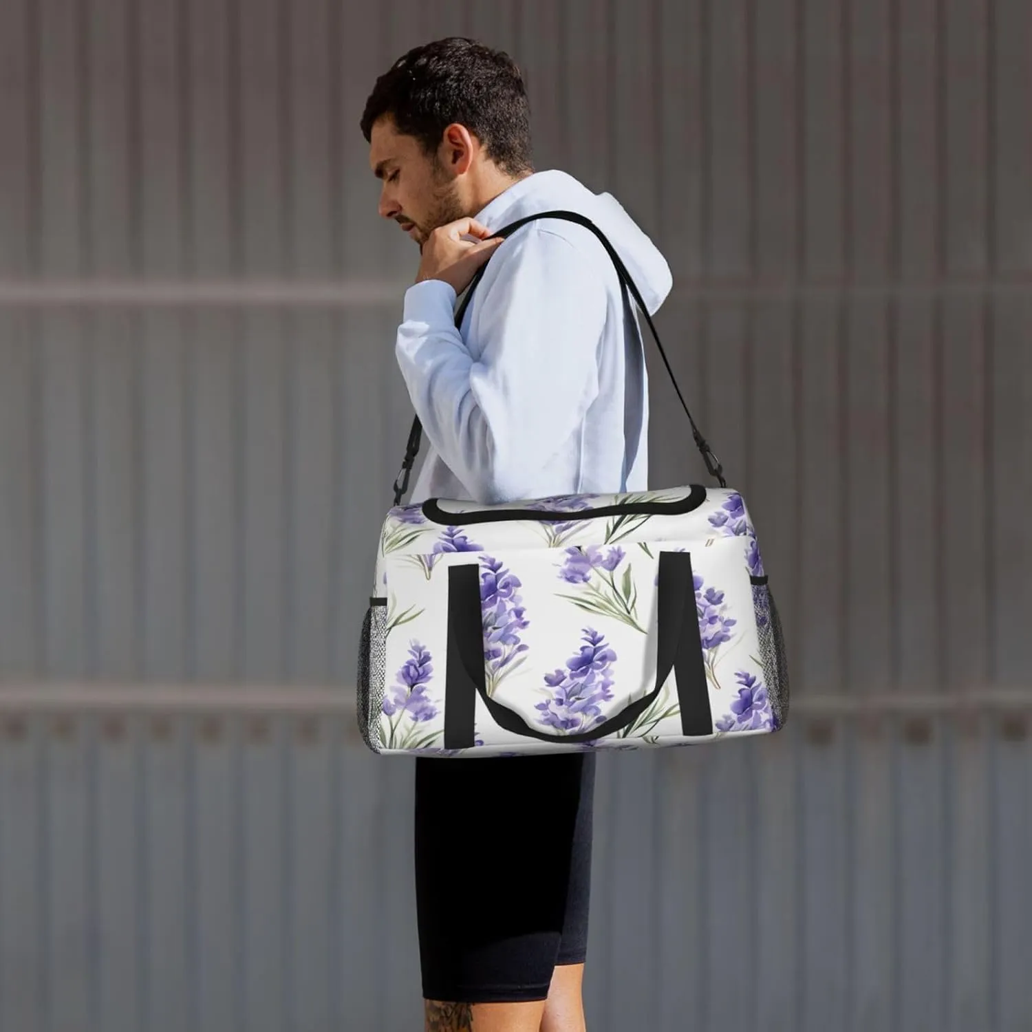 Travel Duffel Bag For Men Women, Purple Lavender Flowers Pattern Carry On Sport Gym Bag With Shoulder Strap Lightweight Waterproof Weekender Bag Overnight Bag