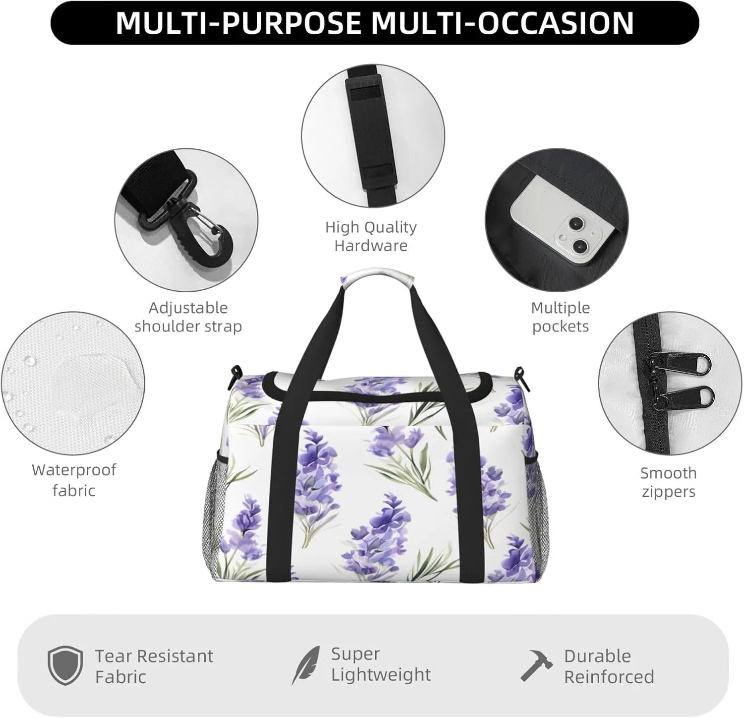 Travel Duffel Bag For Men Women, Purple Lavender Flowers Pattern Carry On Sport Gym Bag With Shoulder Strap Lightweight Waterproof Weekender Bag Overnight Bag